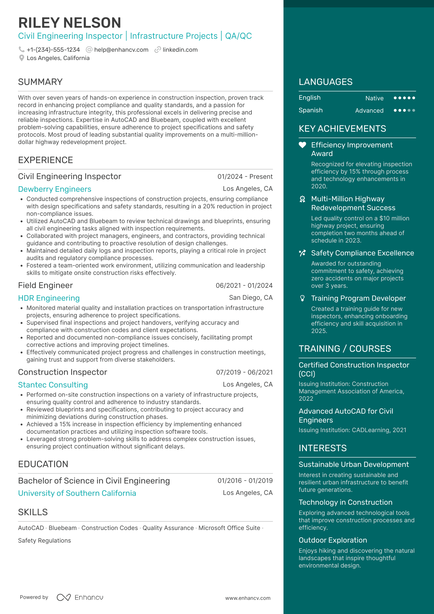 A resume example of a Civil Engineering Inspector