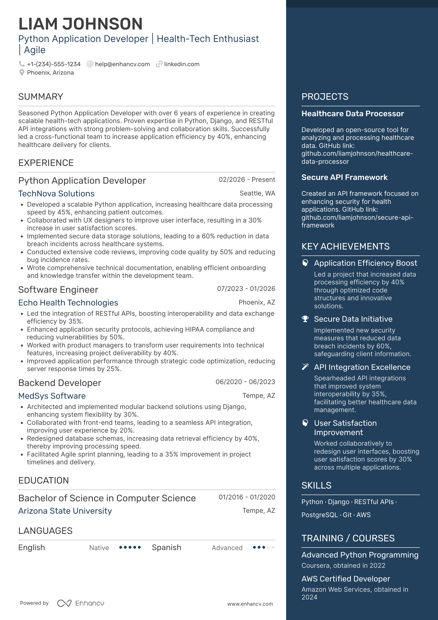 A resume example of a Python Application Developer