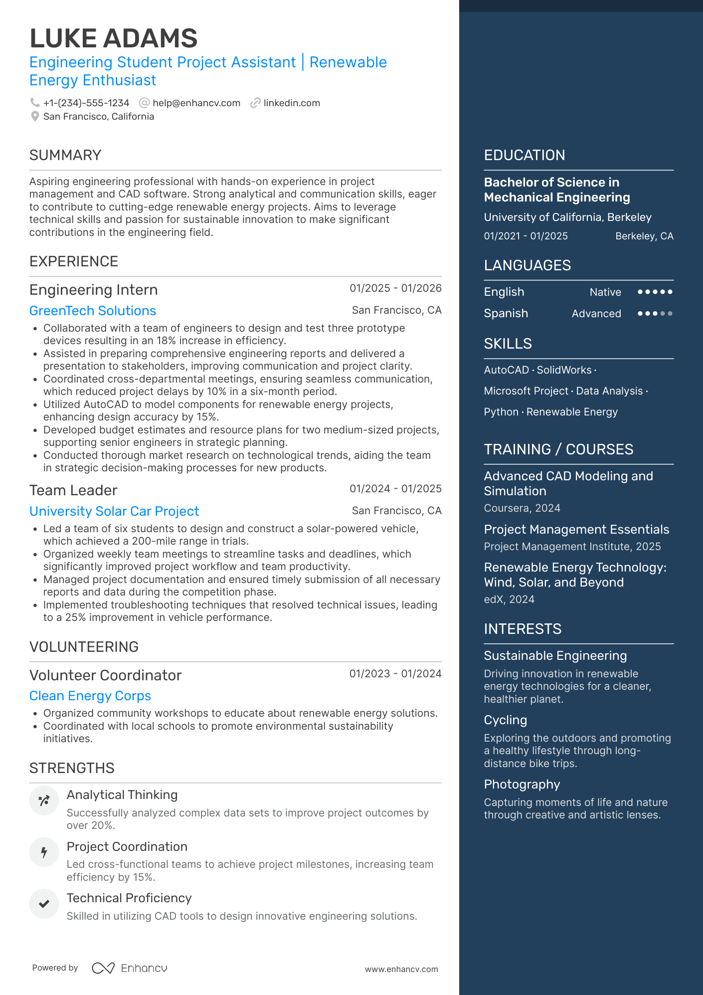 A resume example of a Engineering Student Project Assistant