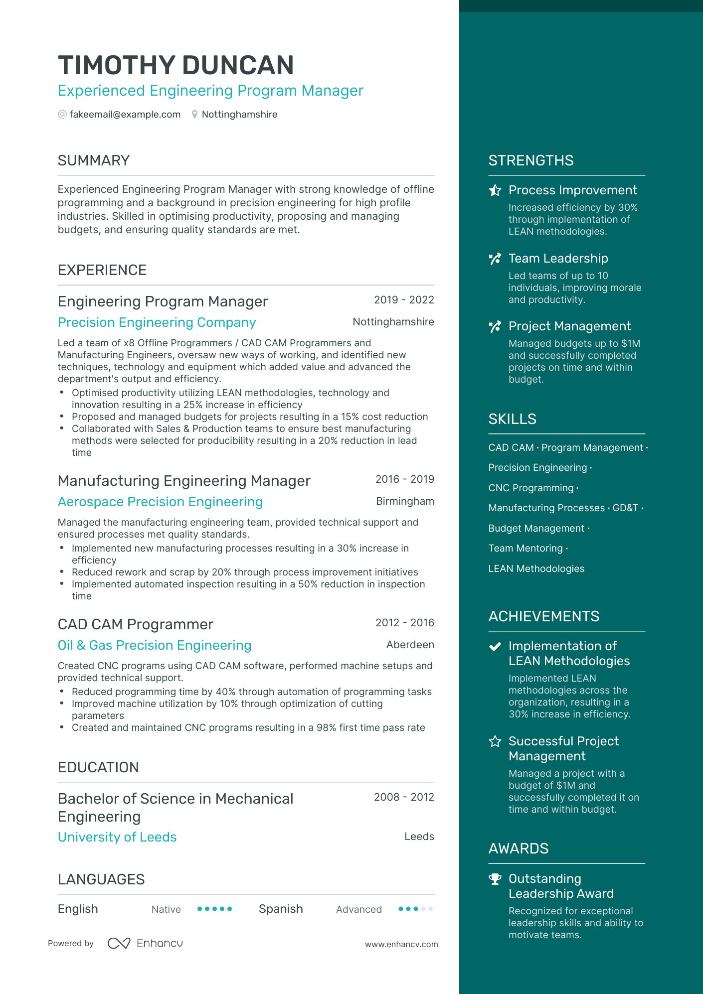 One Page Engineering Program Manager Resume Template