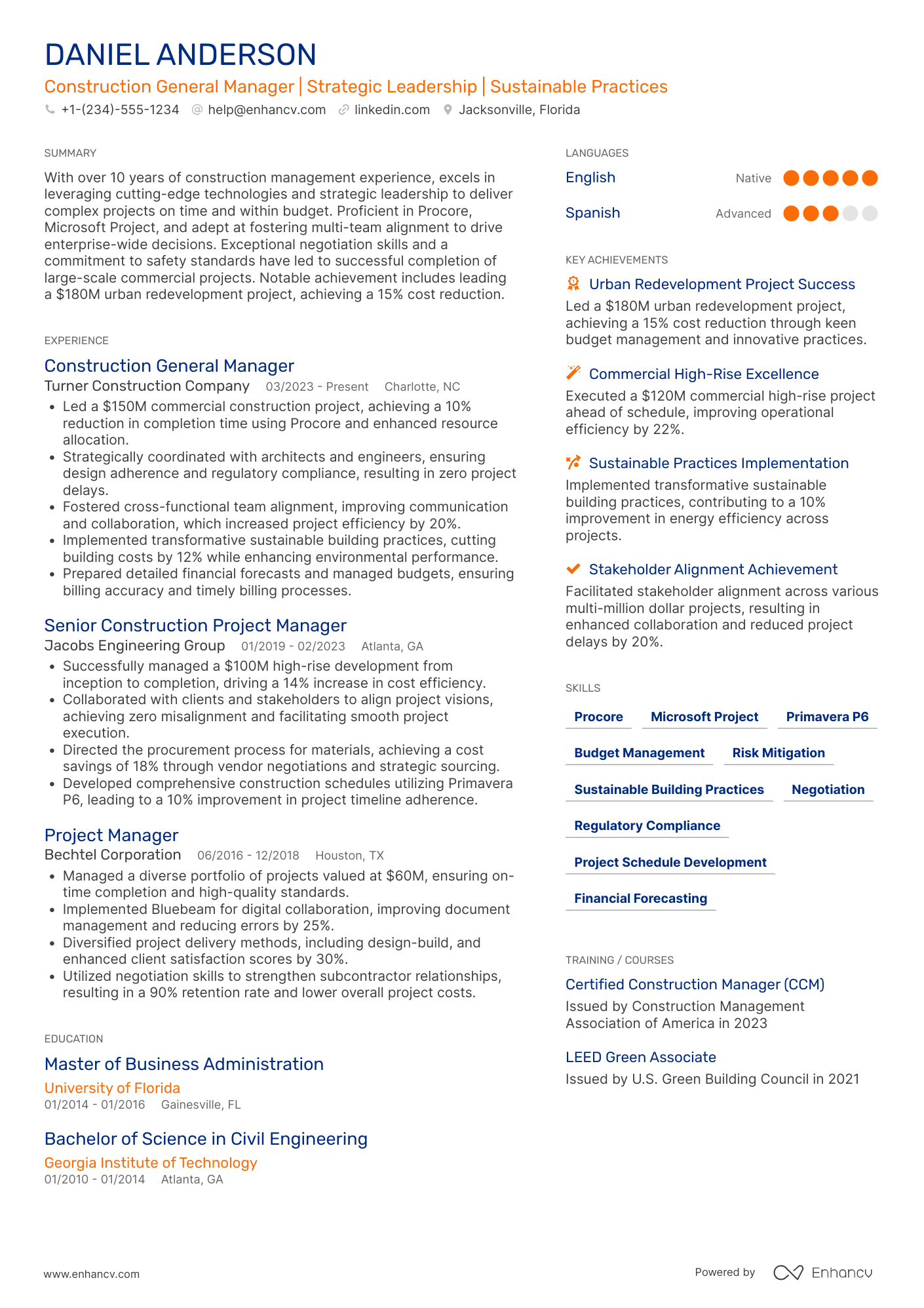 A resume example of a Construction General Manager