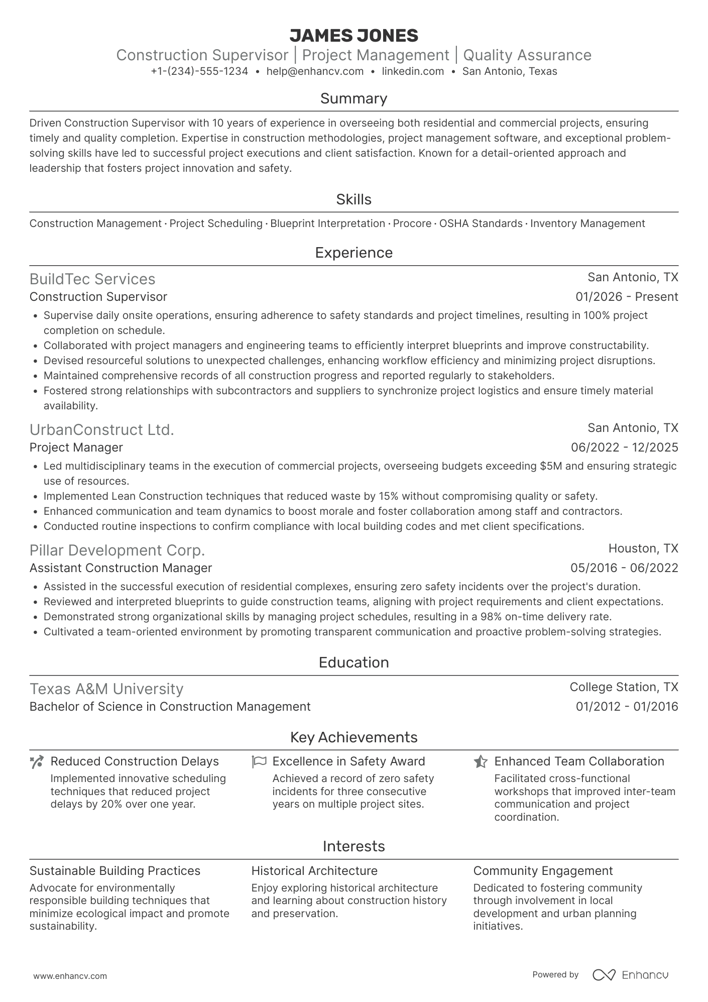 A resume example of a Construction Supervisor