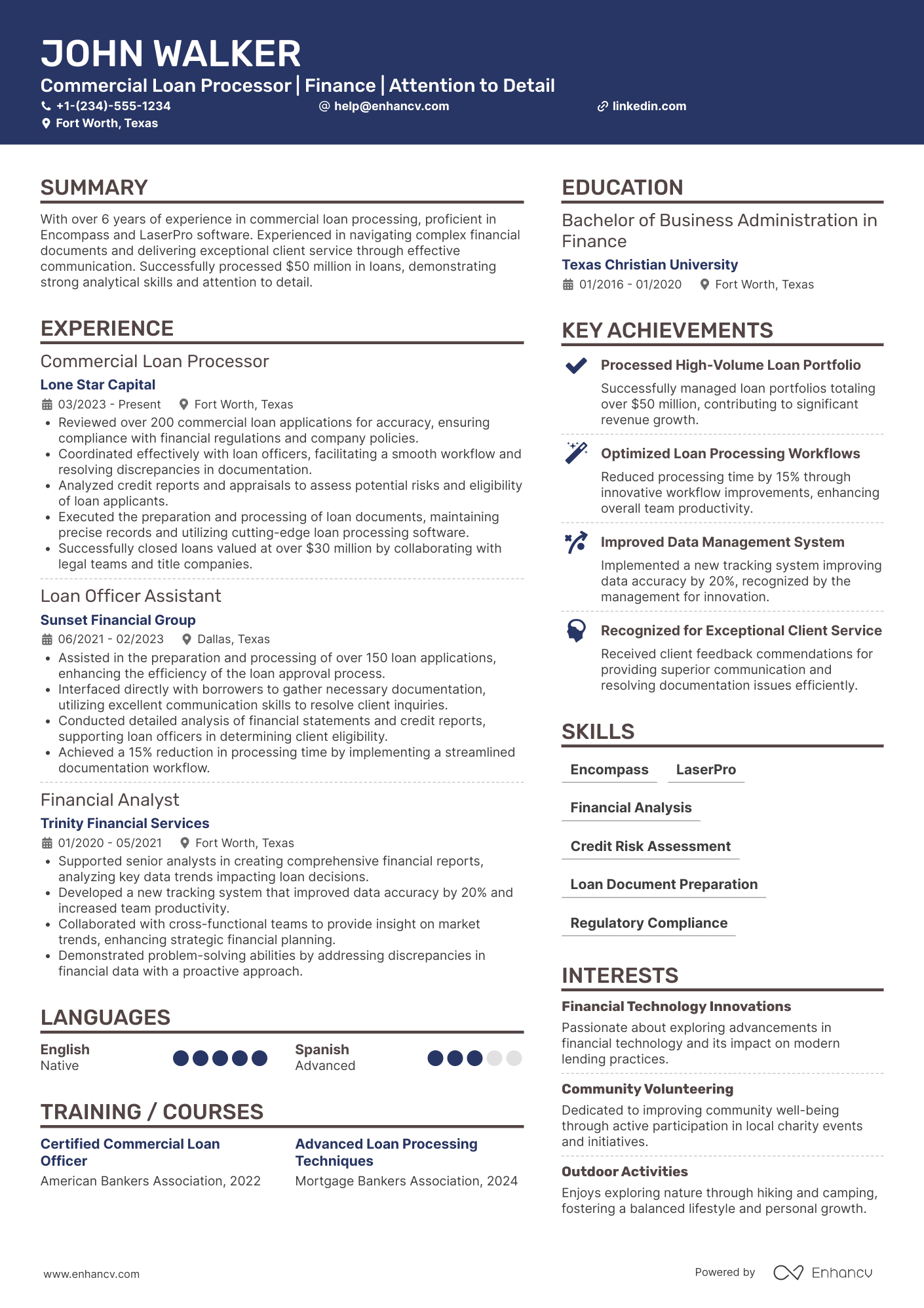 A resume example of a Commercial Loan Processor