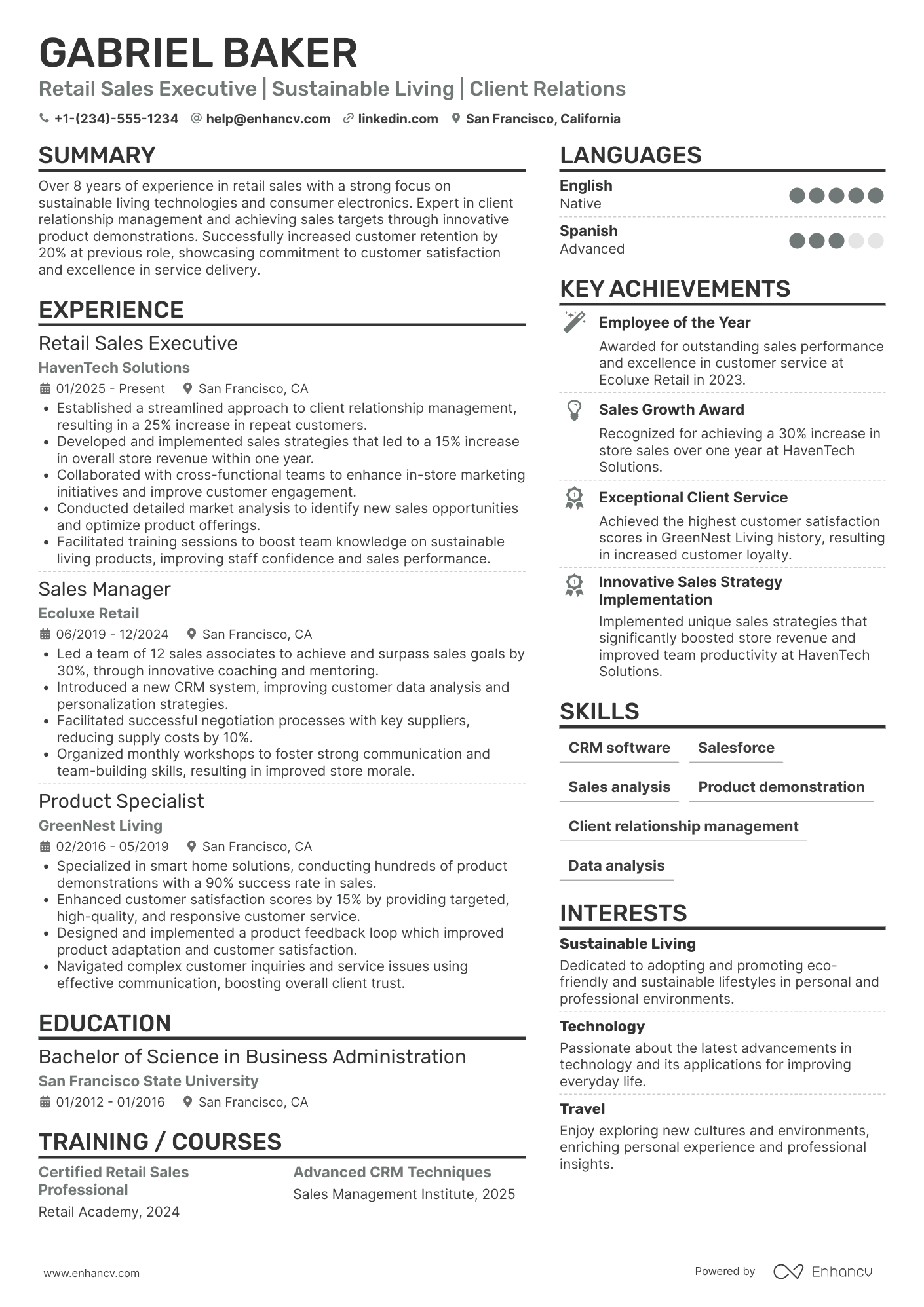 A resume example of a Retail Sales Executive