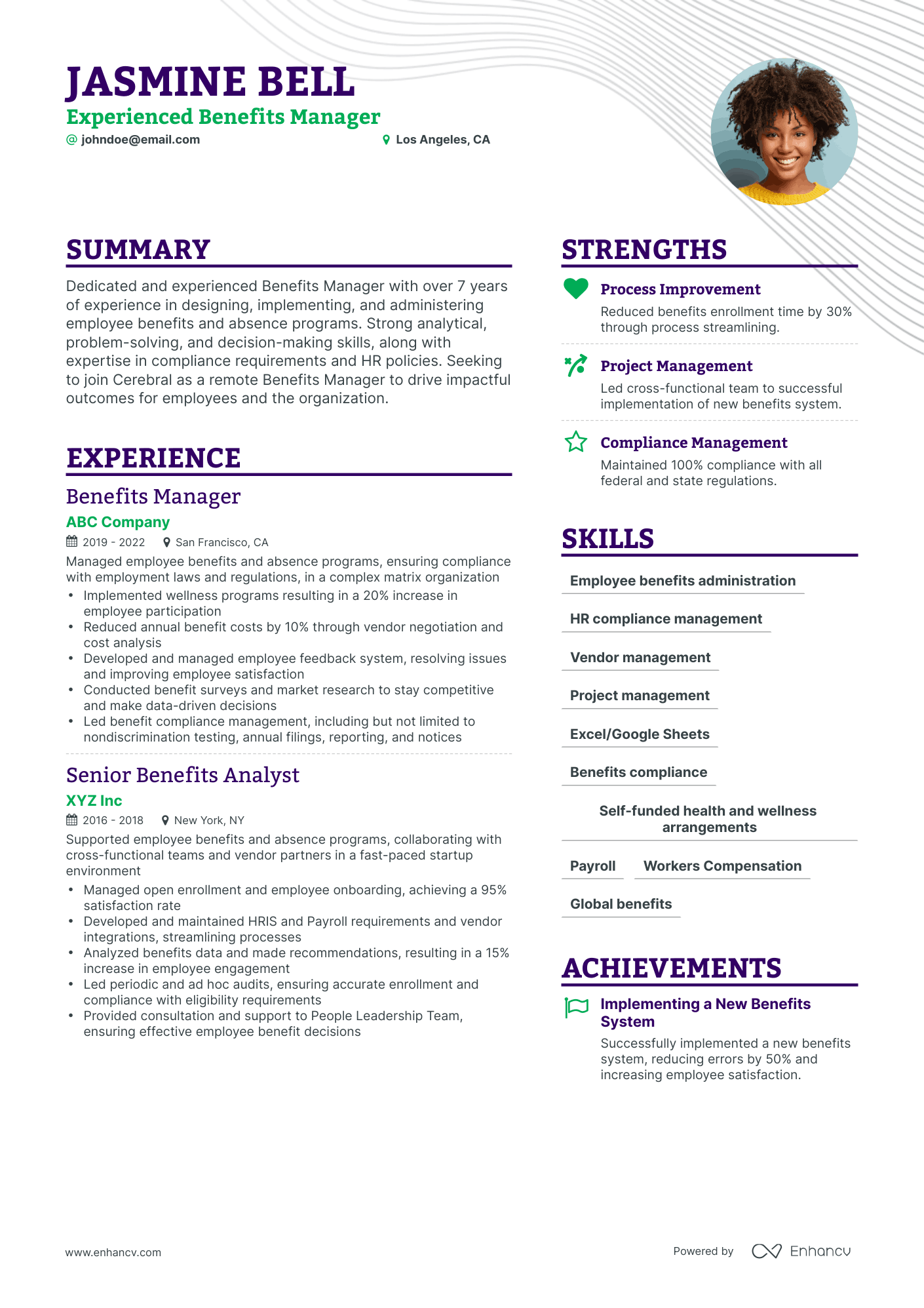 Simple Benefits Manager Resume Template