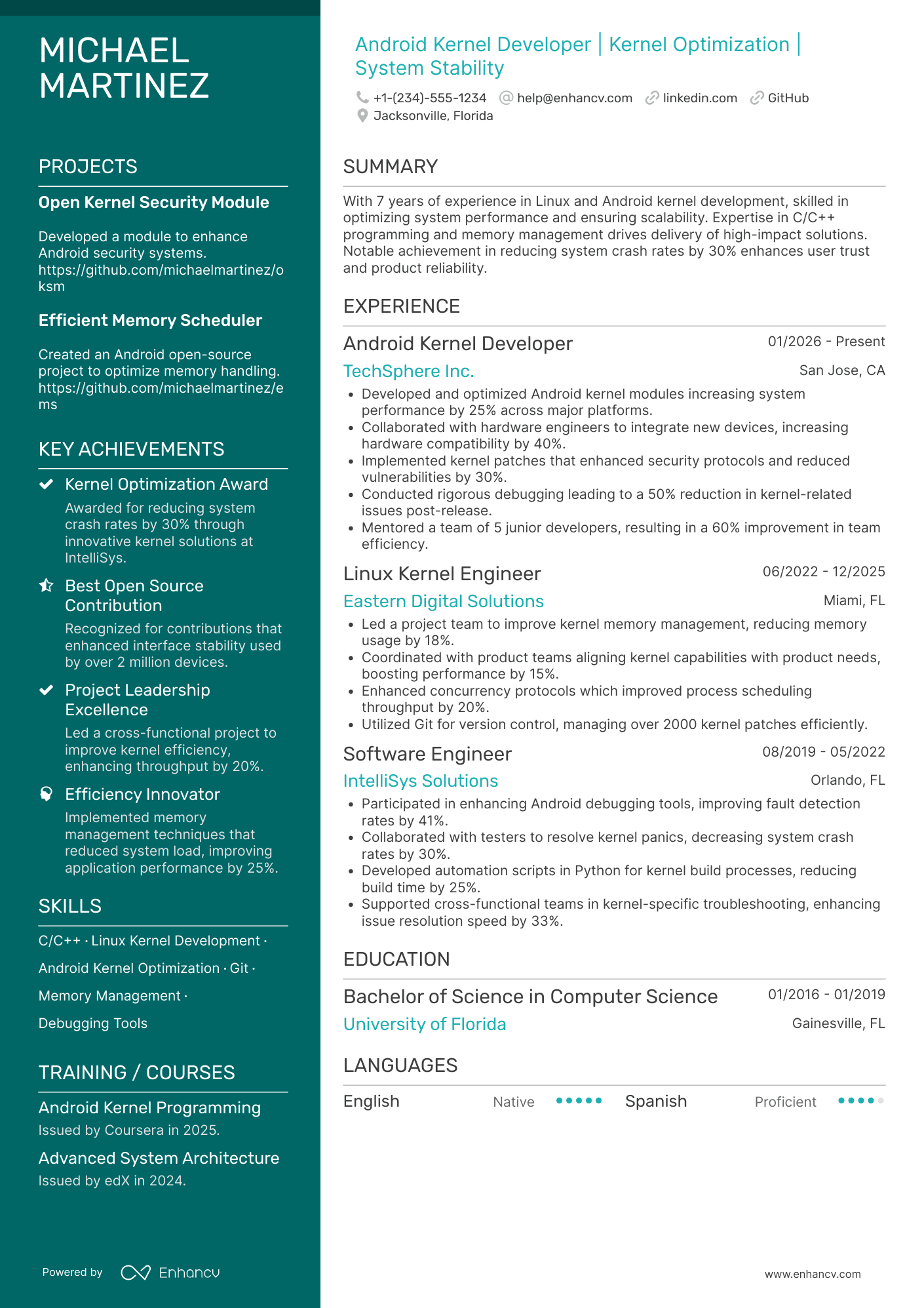 A resume example of a Android Kernel Developer