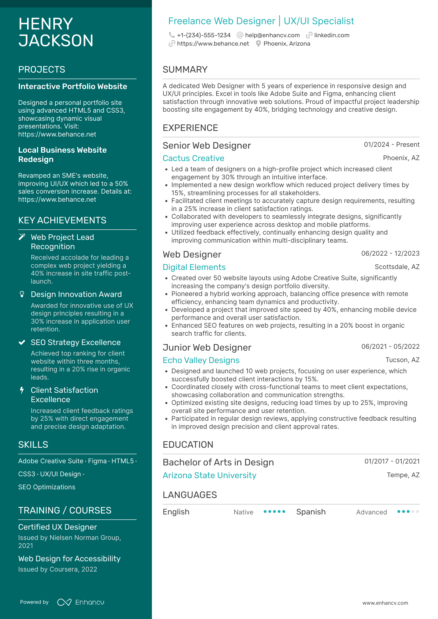 A resume example of a Freelance Web Designer