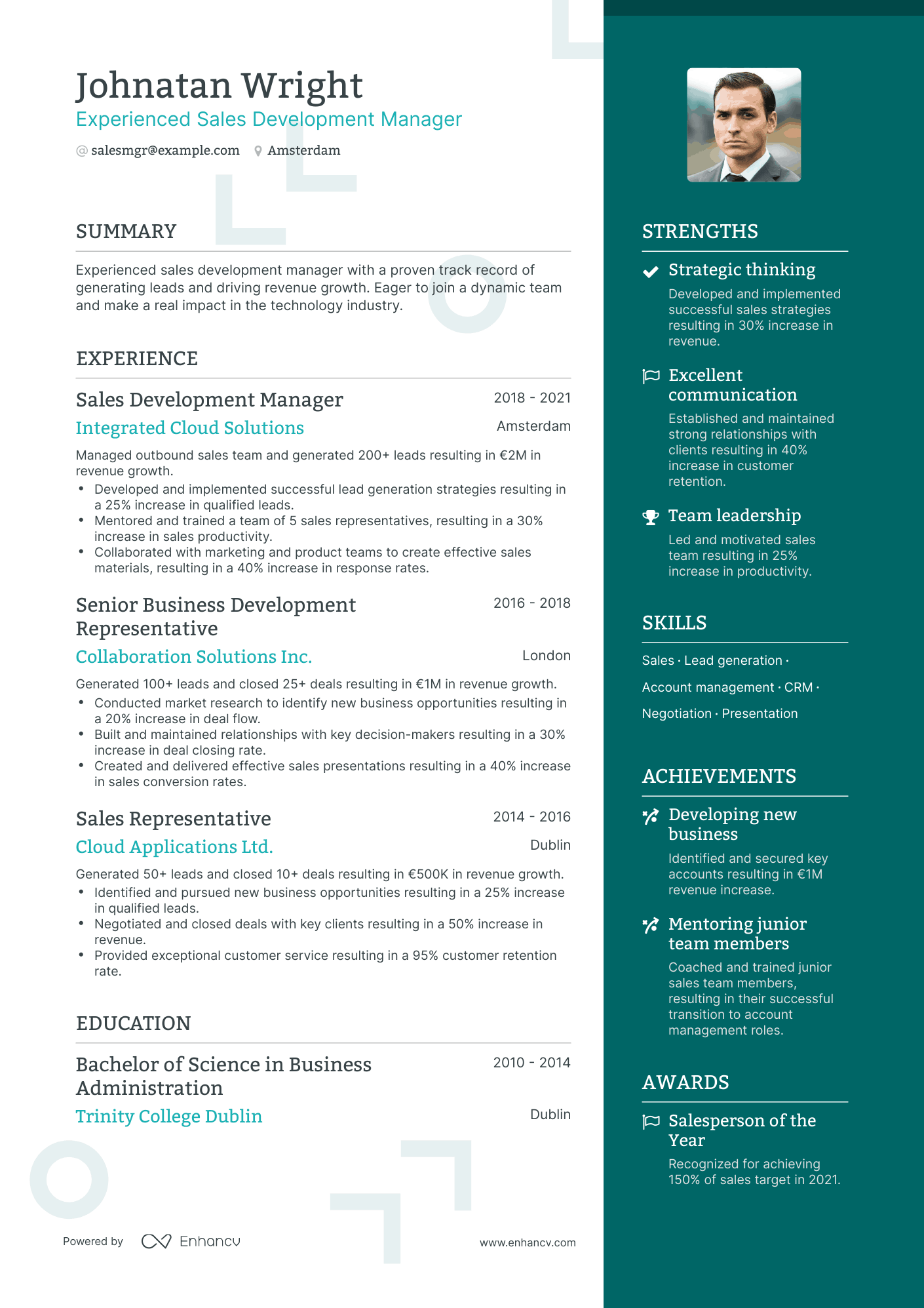 One Page Sales Development Manager Resume Template