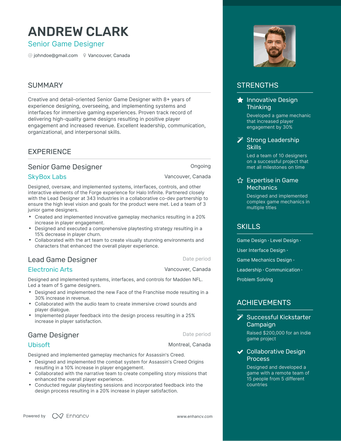 One Page Game Designer Resume Template