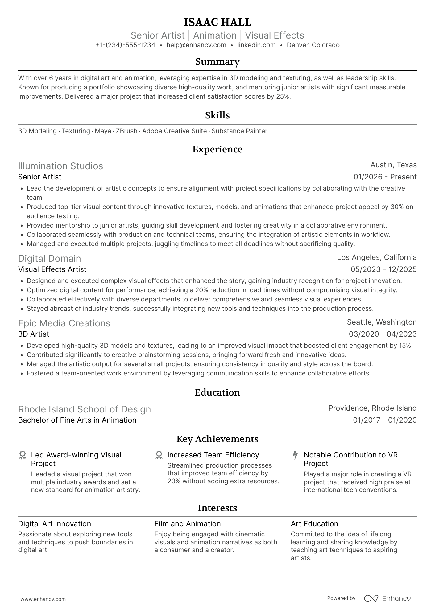 A resume example of a Senior Artist