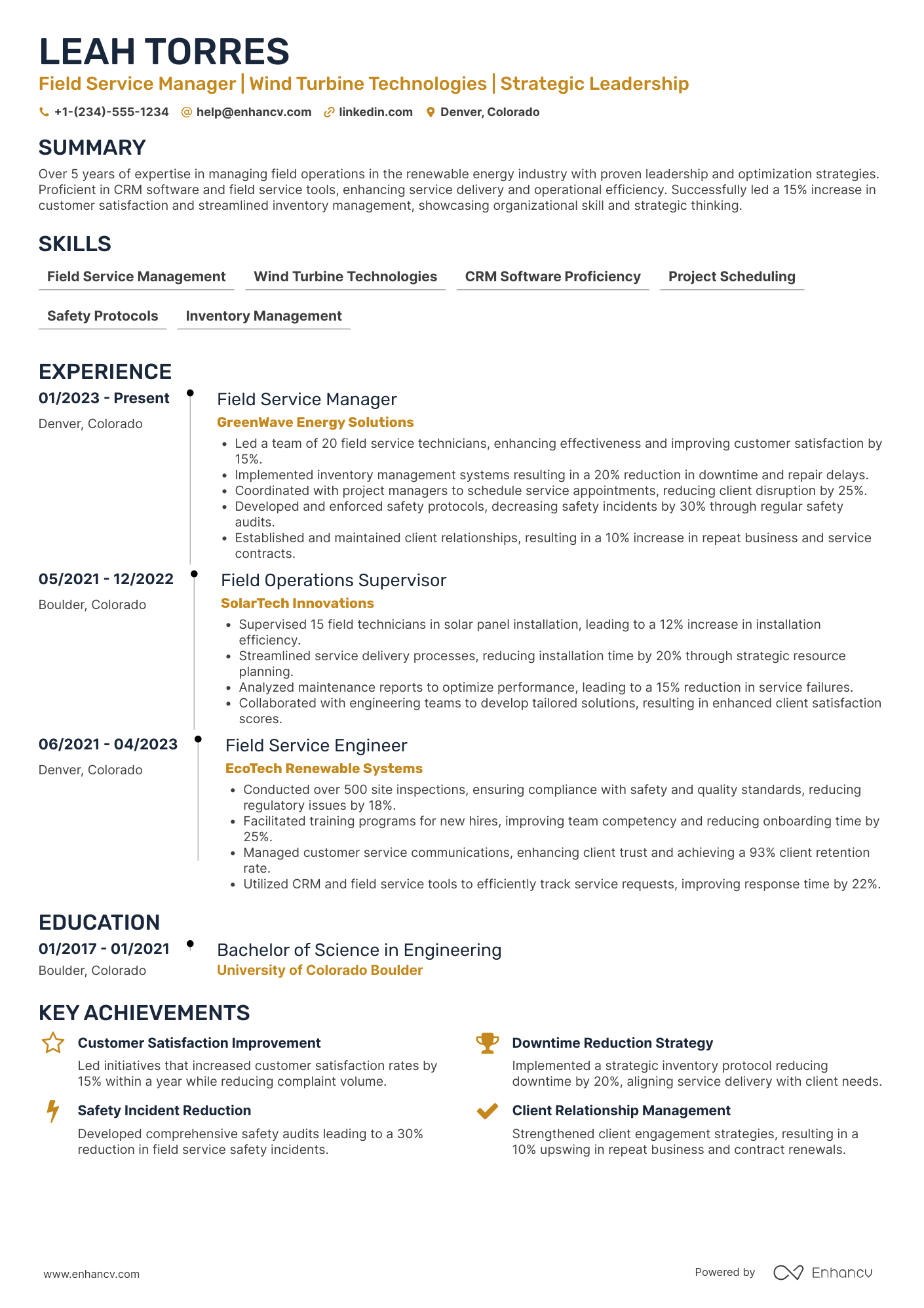 A resume example of a Field Service Manager