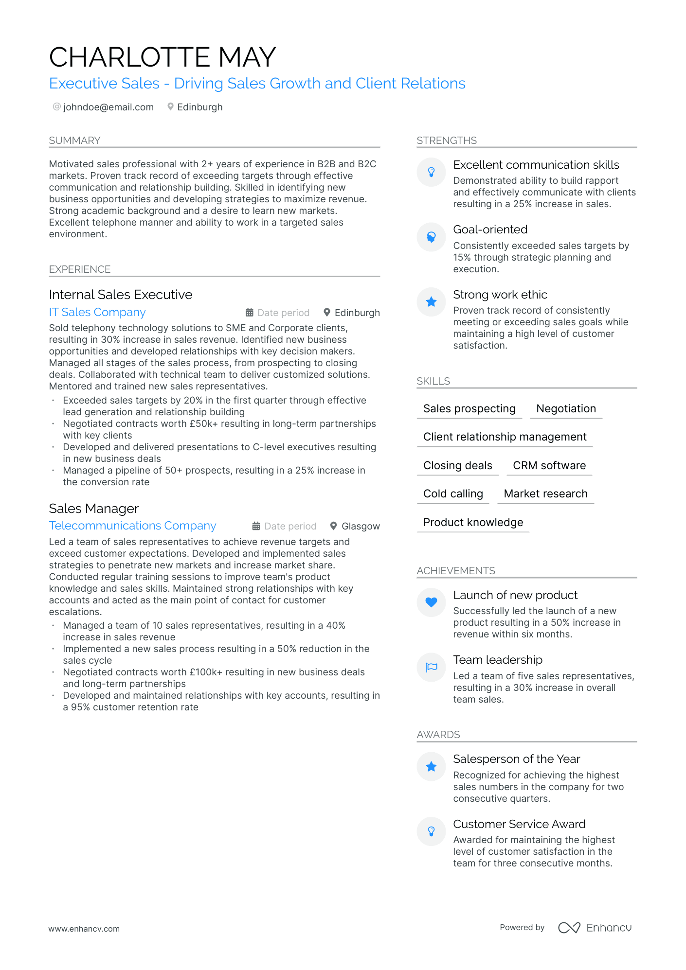 A resume example of a Executive Sales