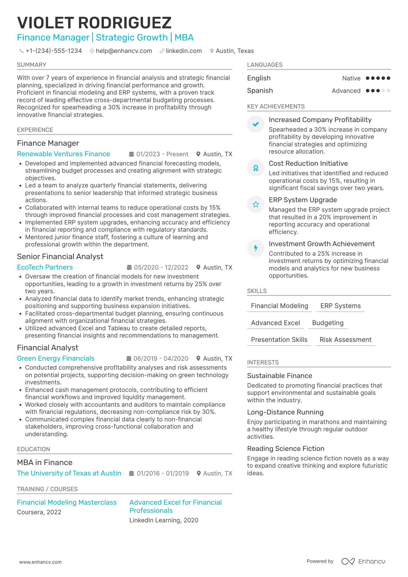 A resume example of a MBA Finance Manager