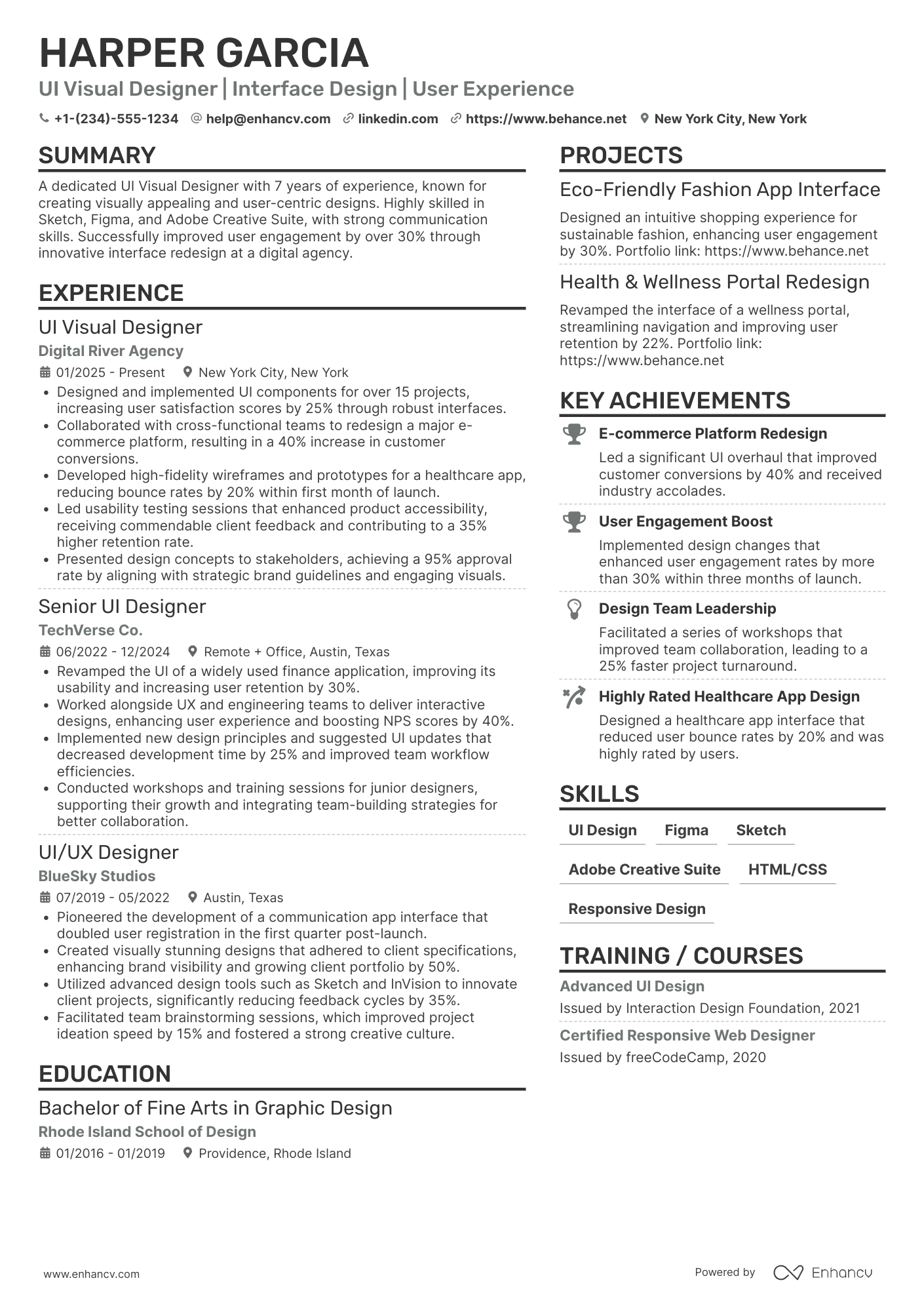 A resume example of a UI Visual Designer