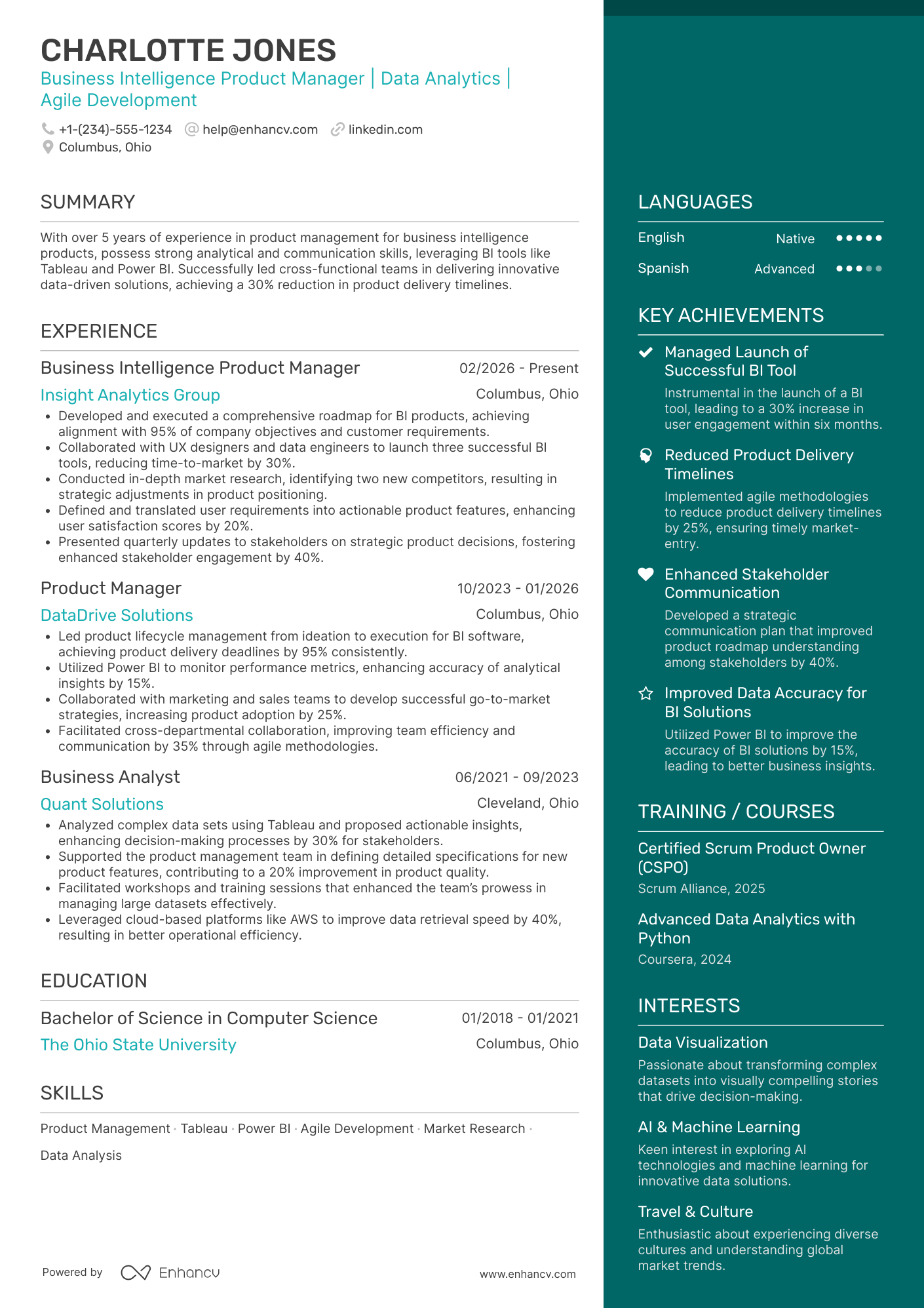 A resume example of a Business Intelligence Product Manager