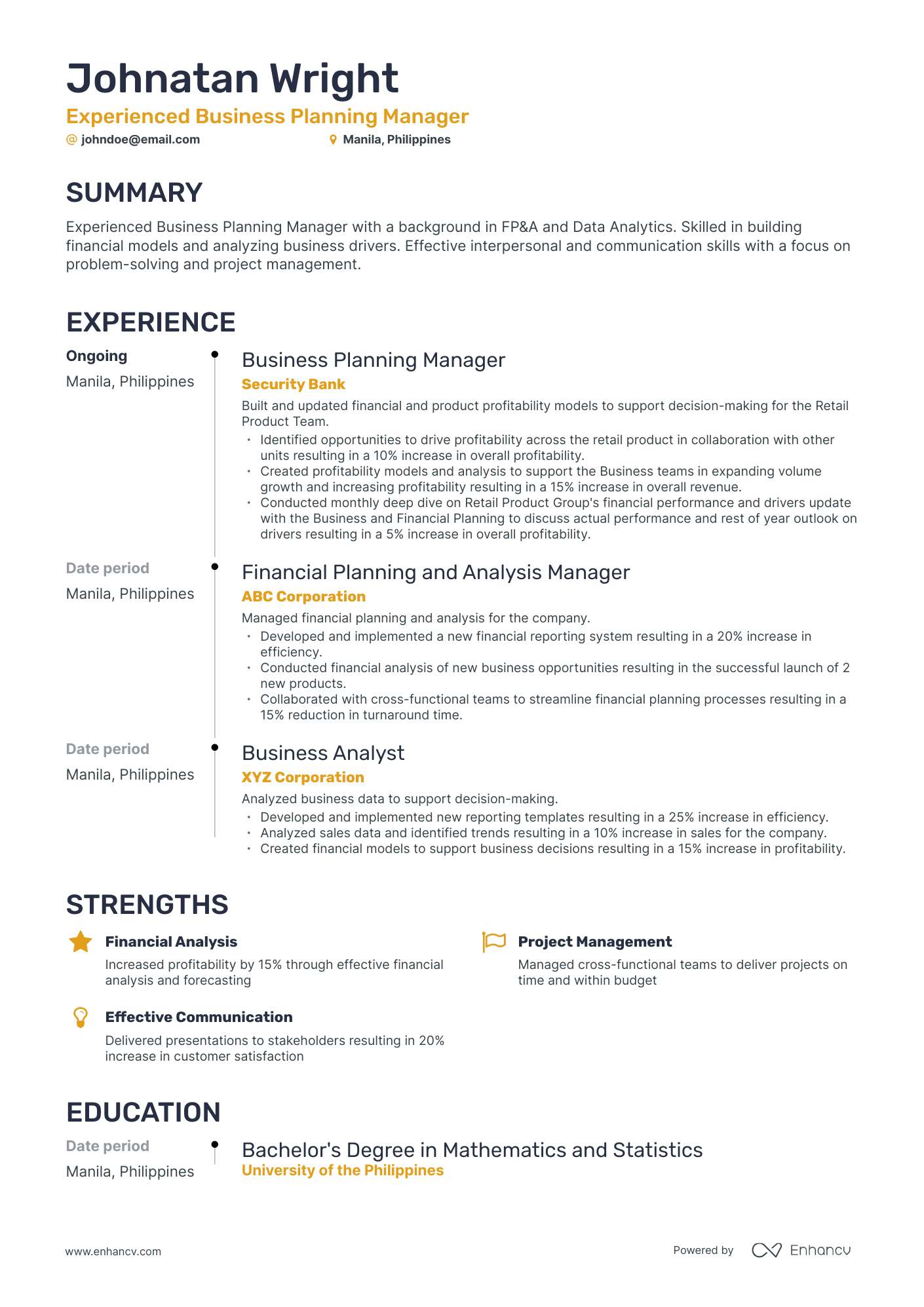 Timeline Business Planning Manager Resume Template