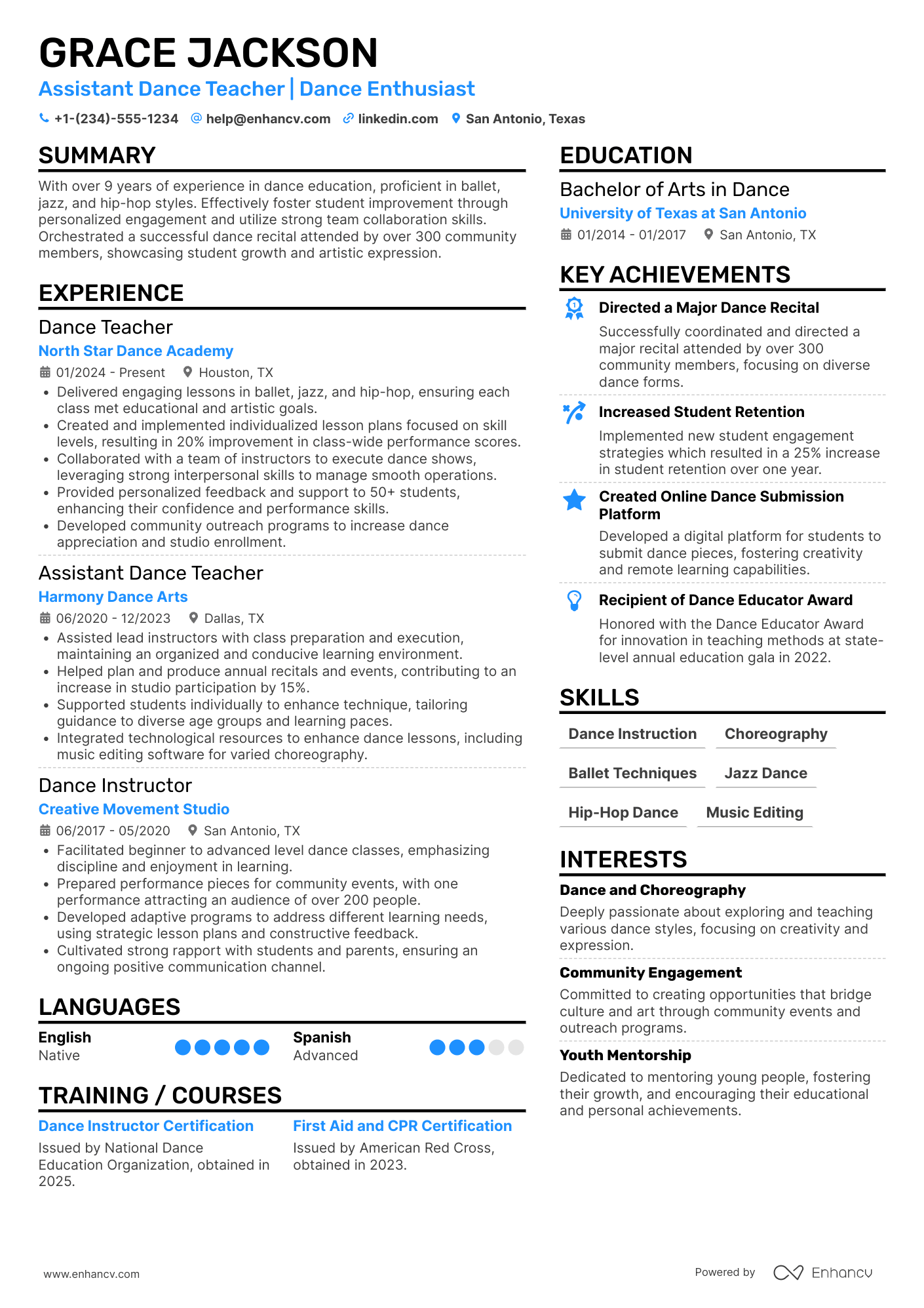 A resume example of a Assistant Dance Teacher