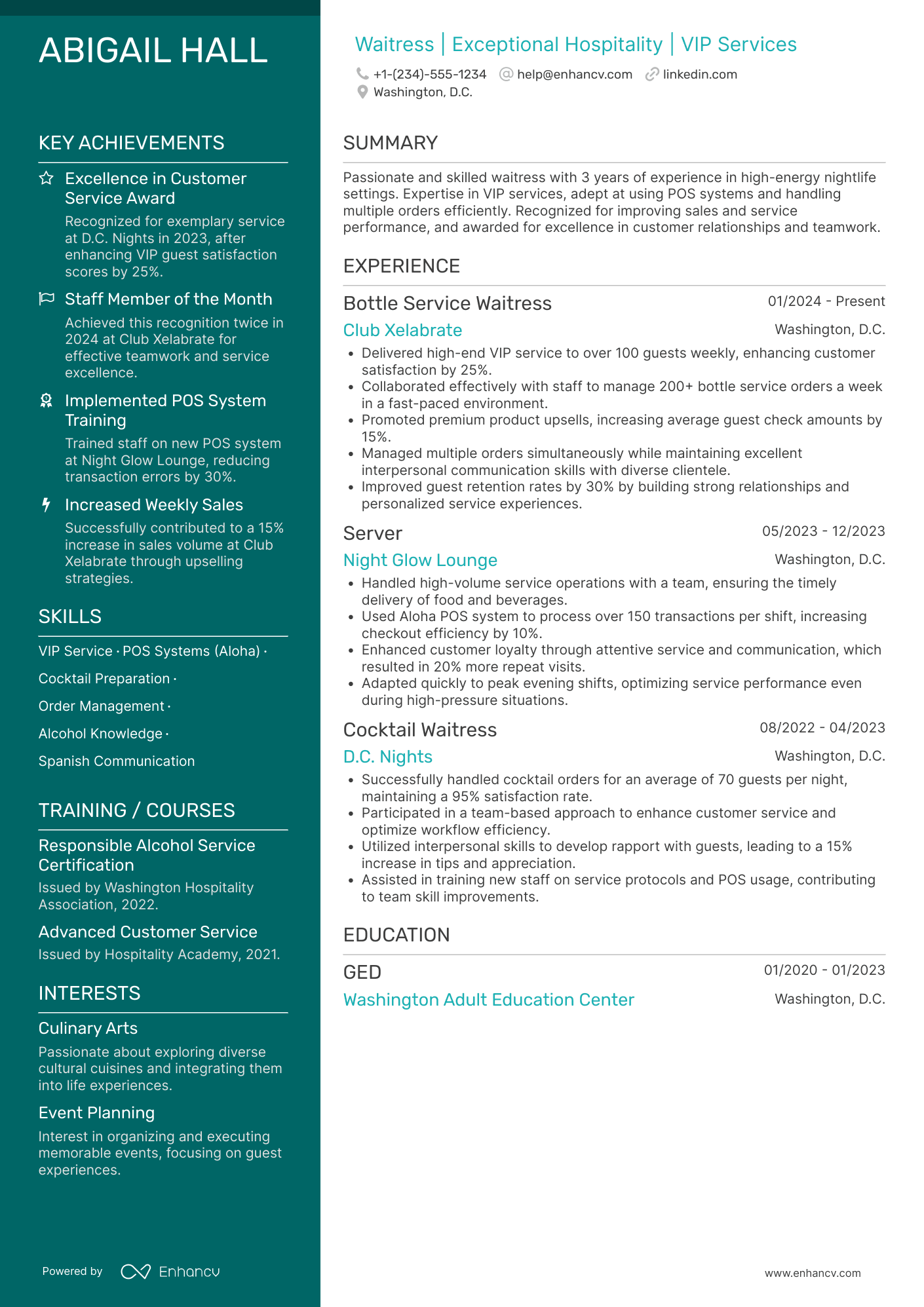 A resume example of a Bottle Service Waitress