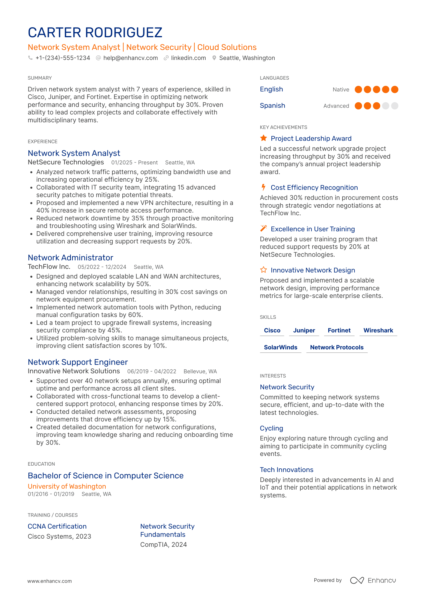 A resume example of a Network System Analyst