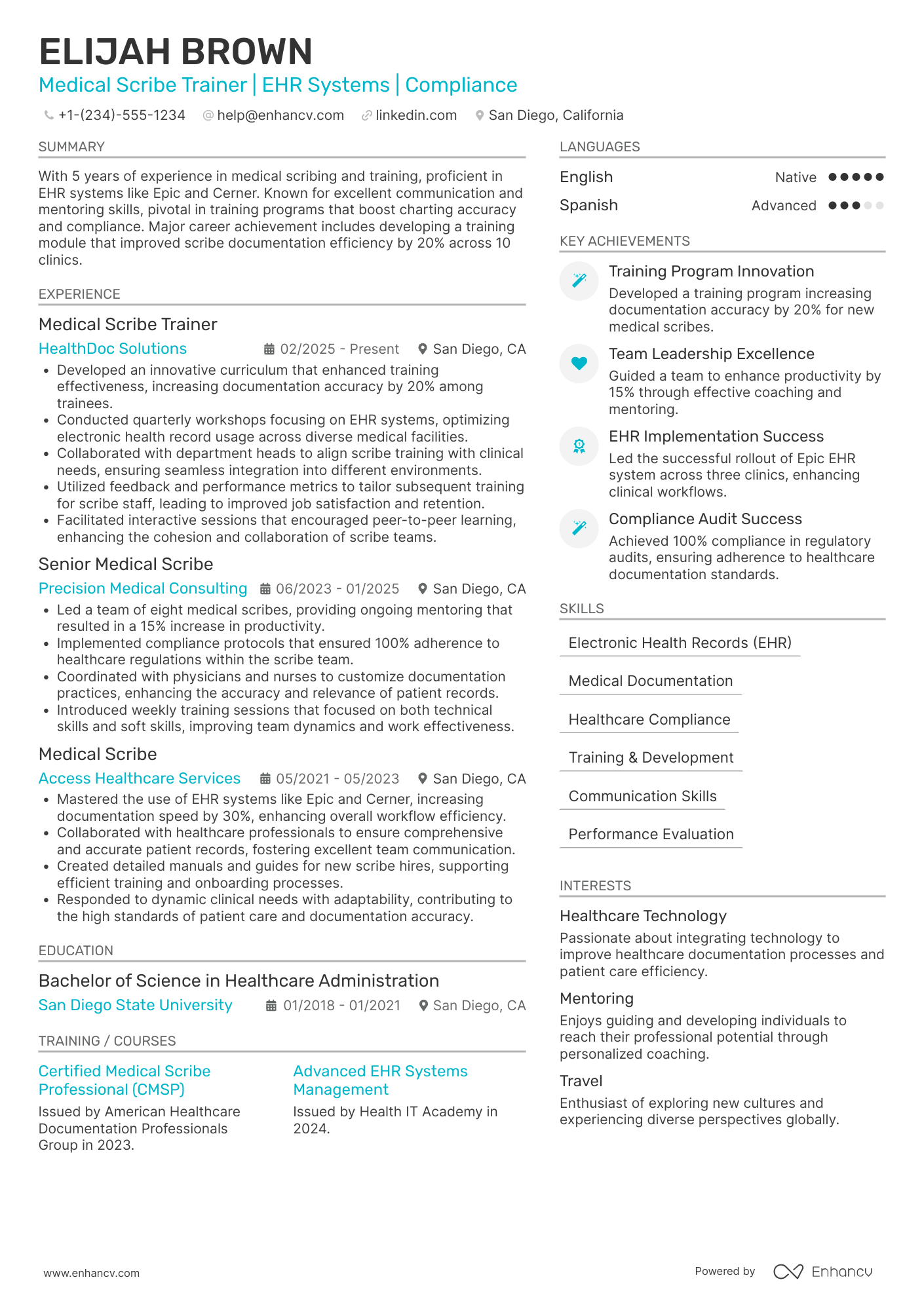 A resume example of a Medical Scribe Trainer