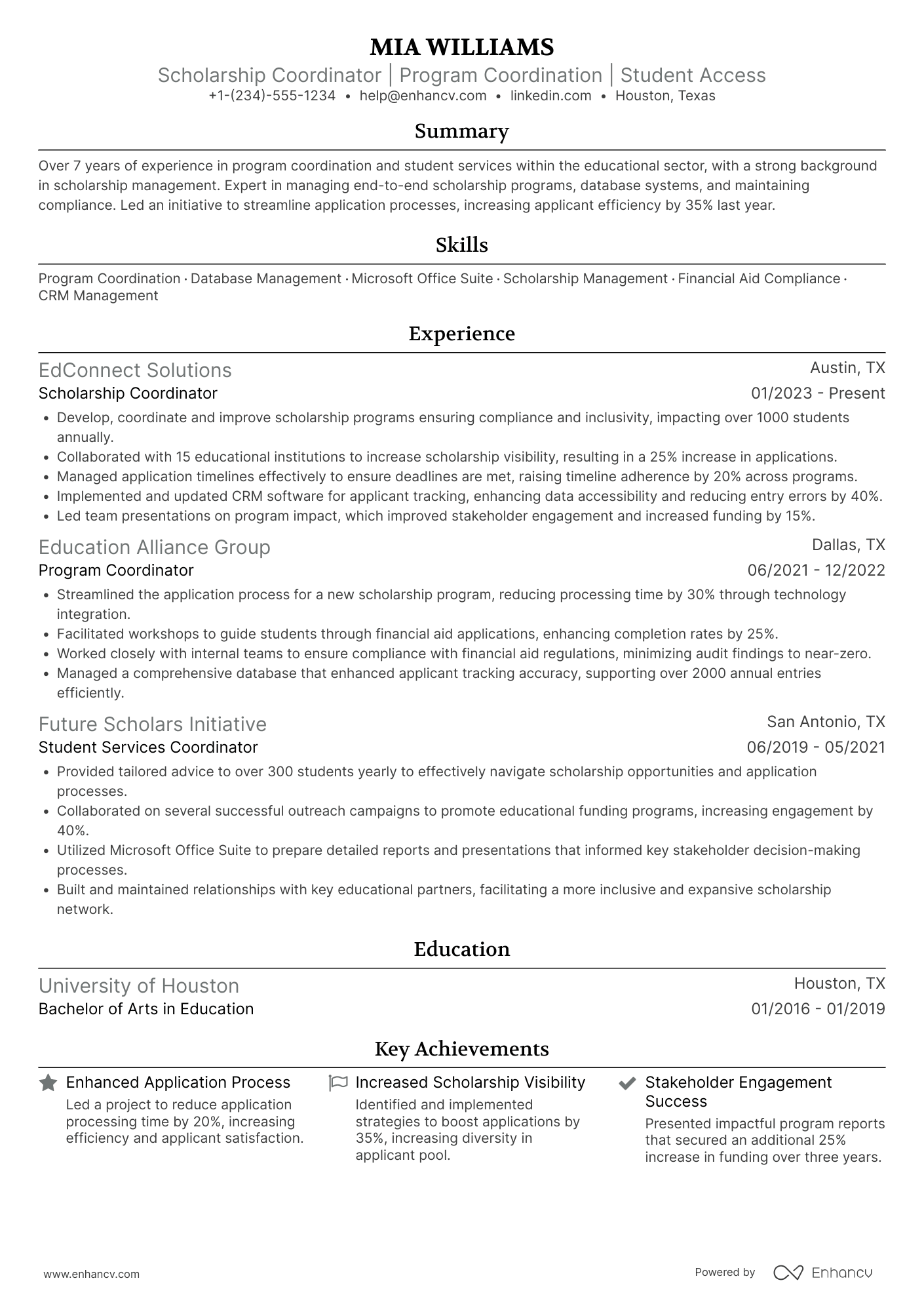 A resume example of a Scholarship Coordinator