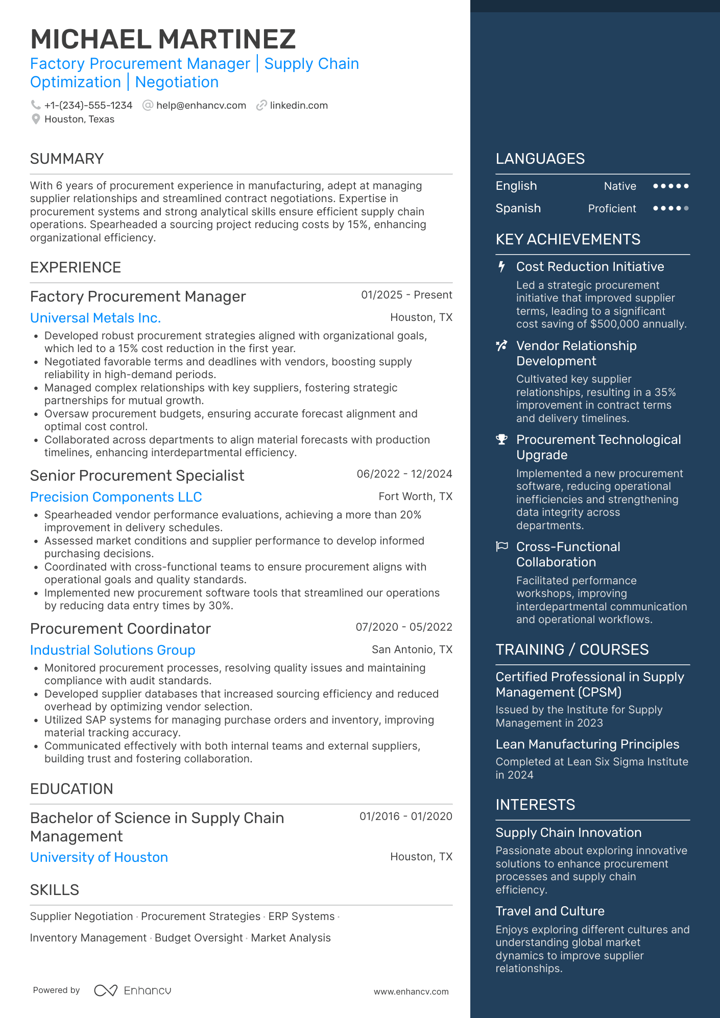 A resume example of a Factory Procurement Manager