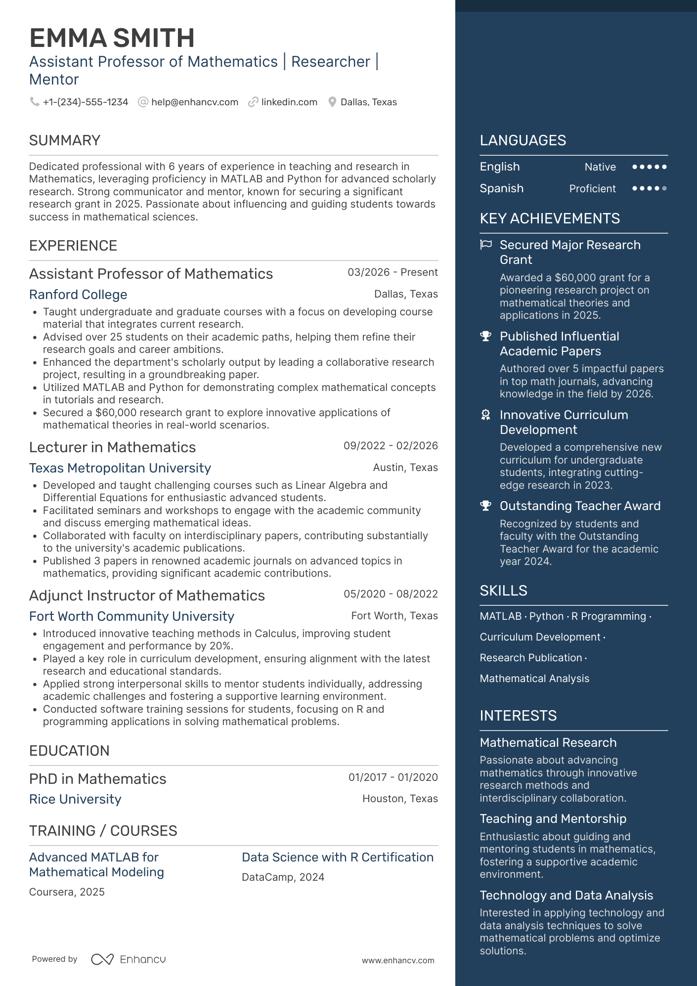 A resume example of a Assistant Professor of Mathematics