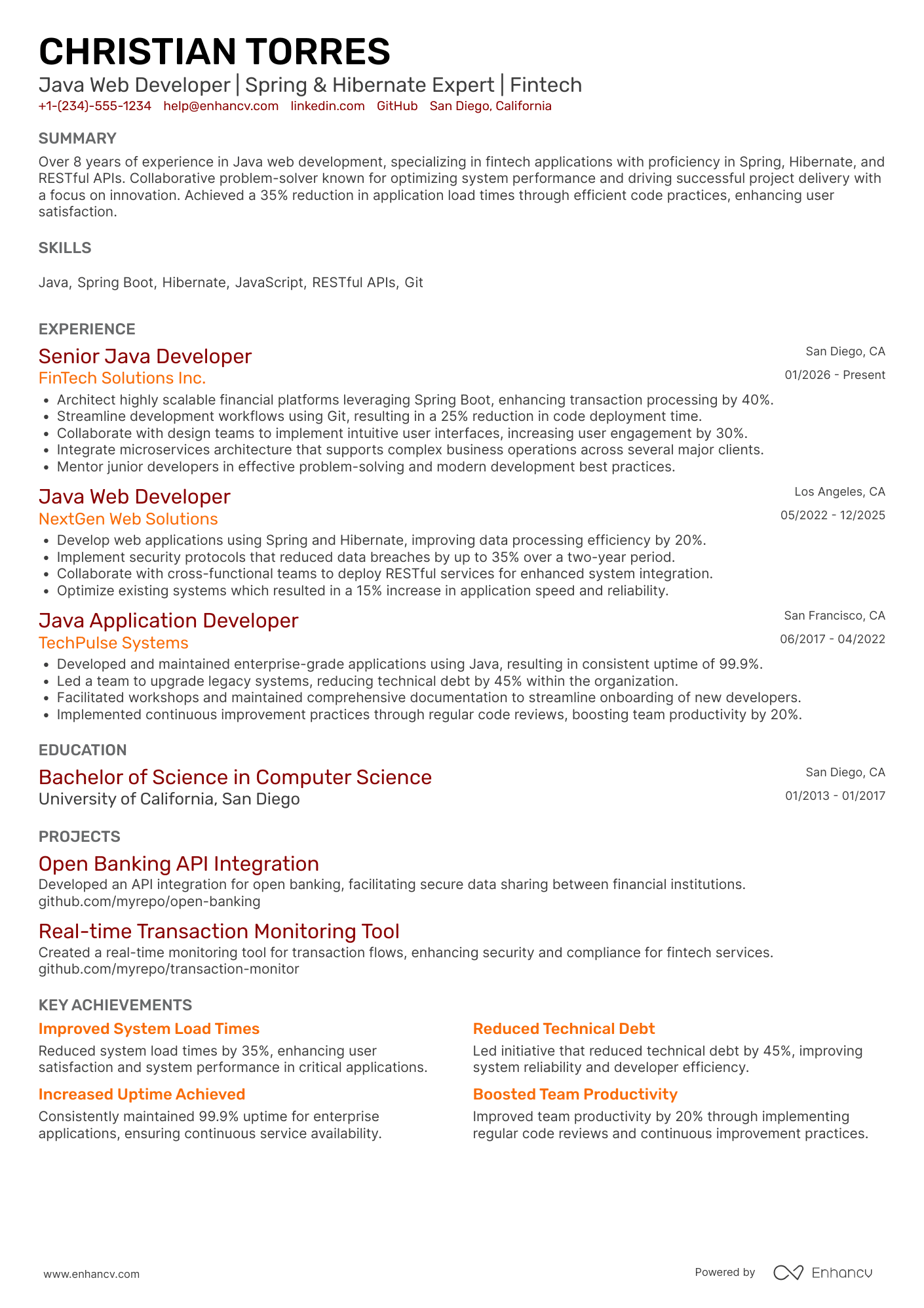 A resume example of a Java Web Developer
