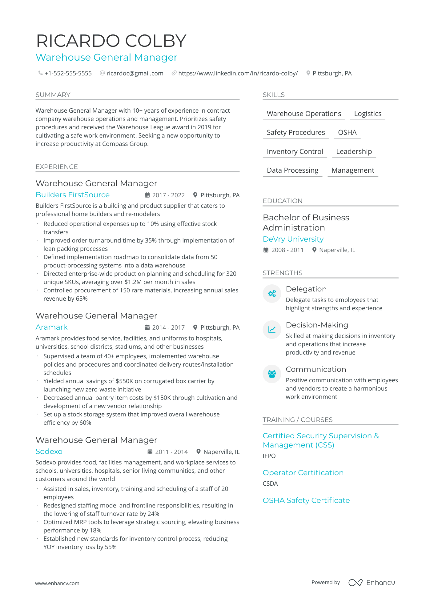 sample resume of general manager