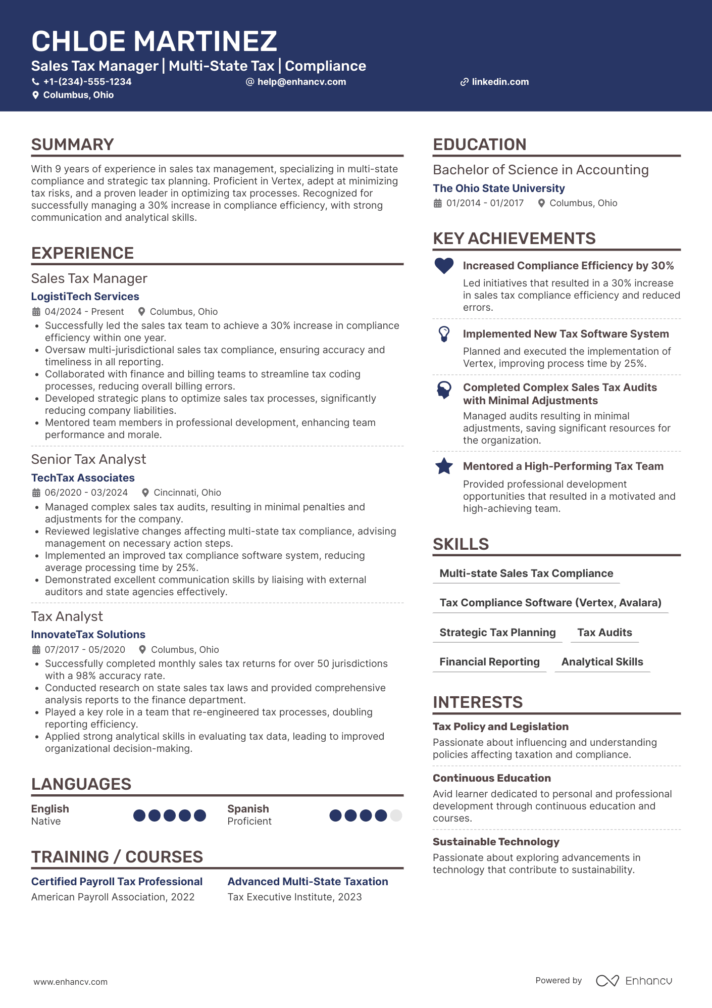 A resume example of a Sales Tax Manager