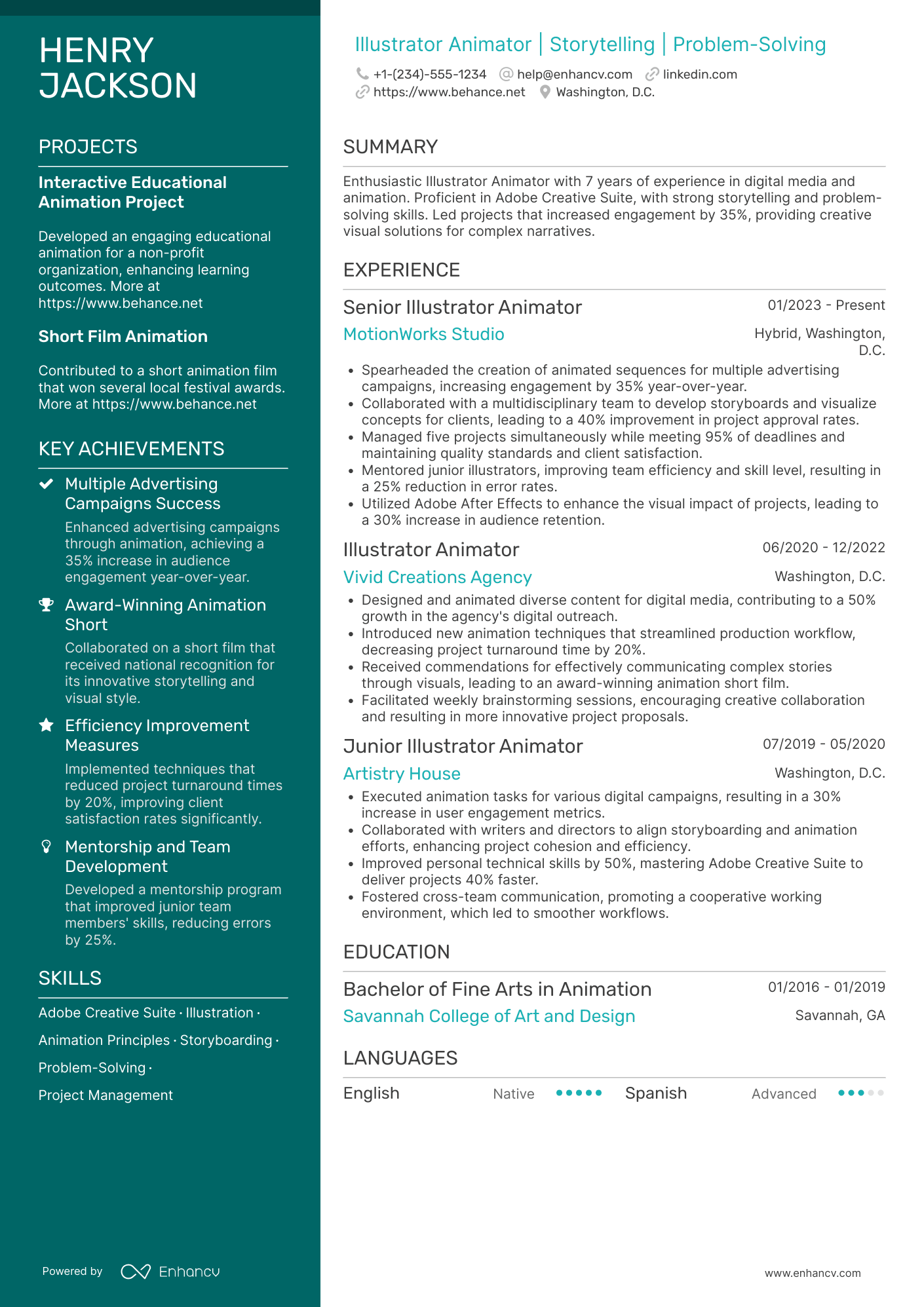 A resume example of a Illustrator Animator