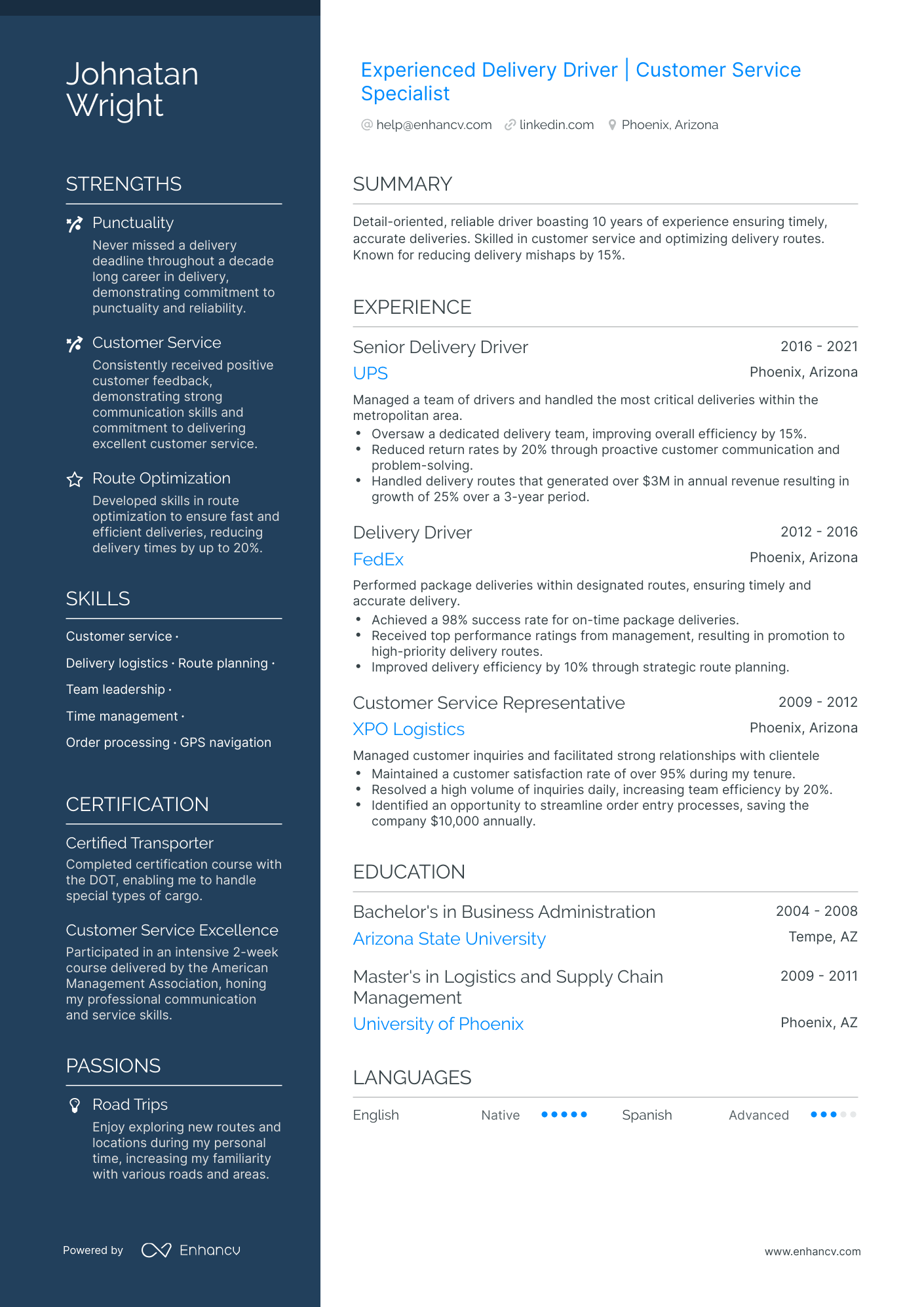 A resume example of a Food Delivery Driver