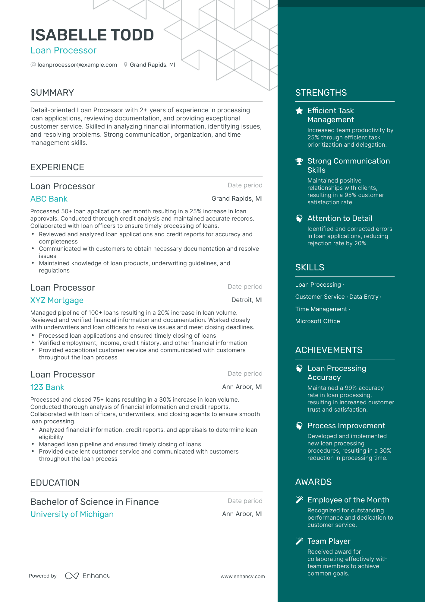 One Page Loan Processor Resume Template