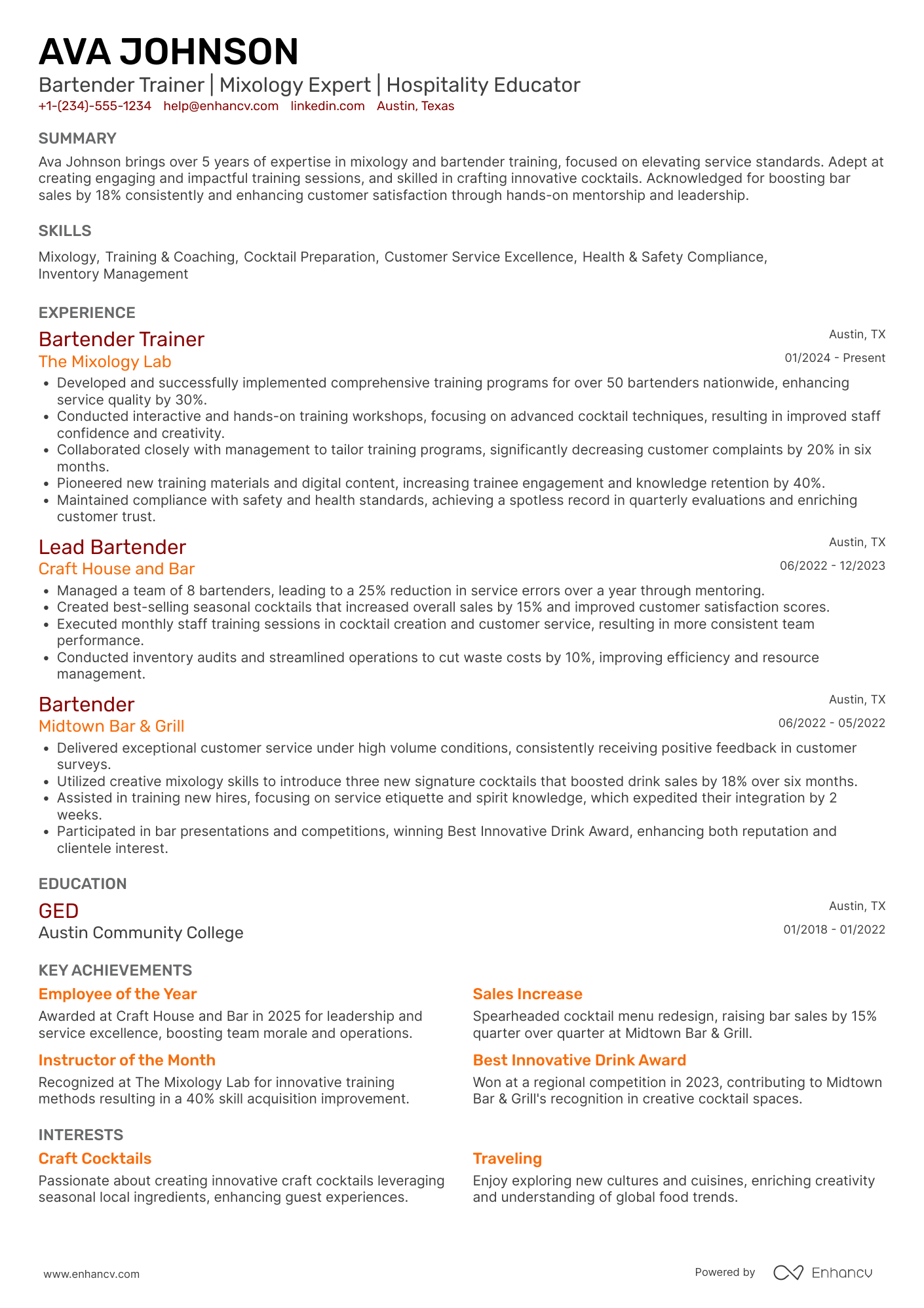 A resume example of a Bartender Trainer