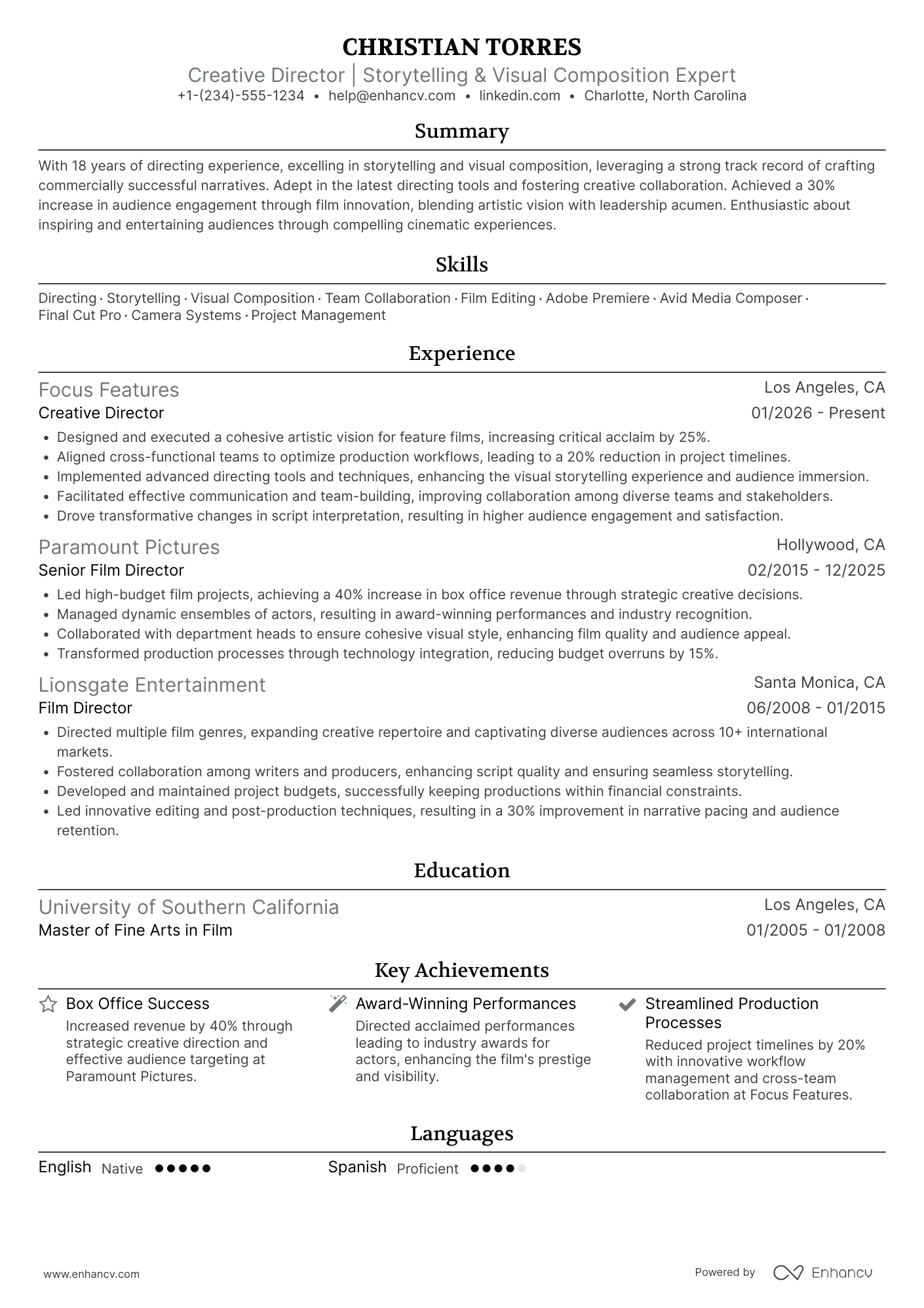 A resume example of a Feature Film Director