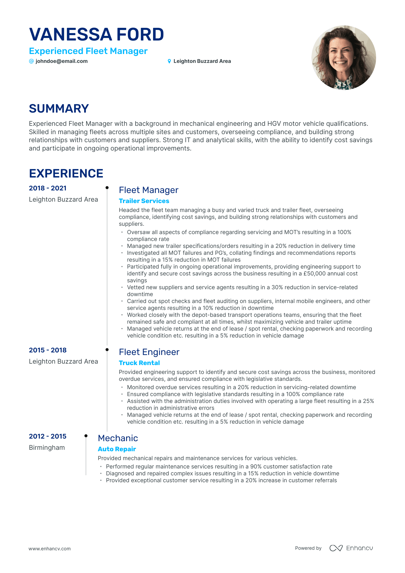 Timeline Fleet Manager Resume Template