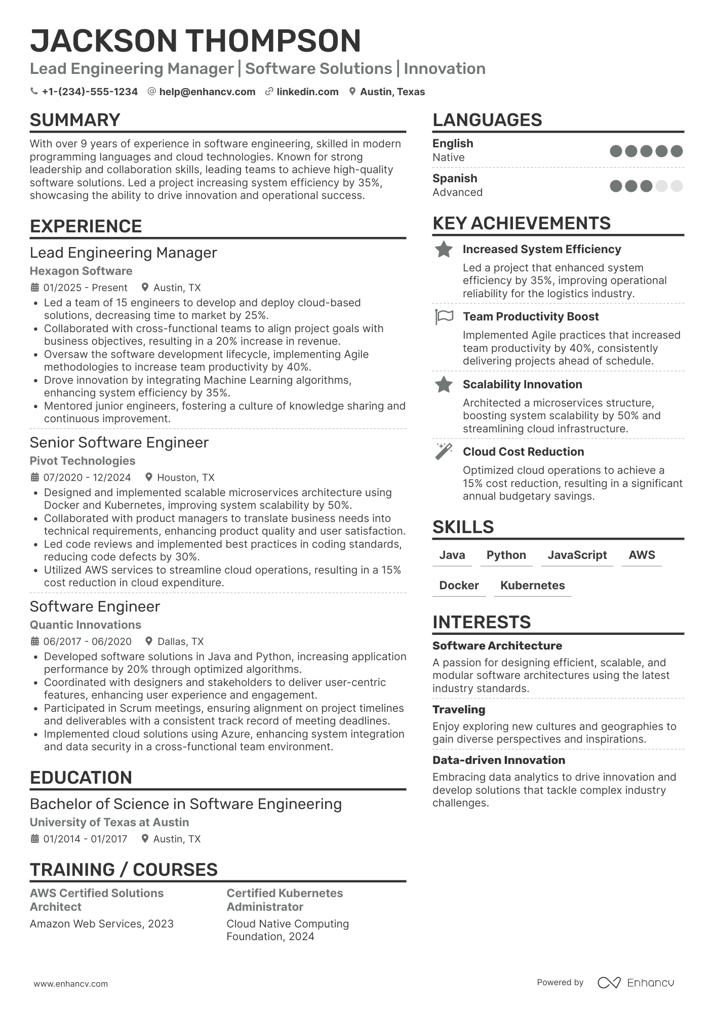 A resume example of a Lead Engineering Manager