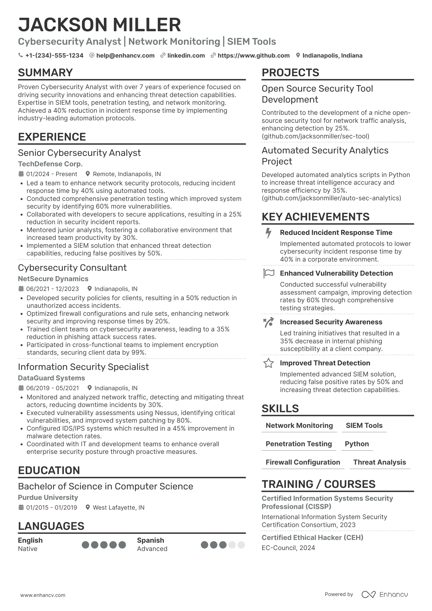 A resume example of a Silicon Valley Cybersecurity Analyst