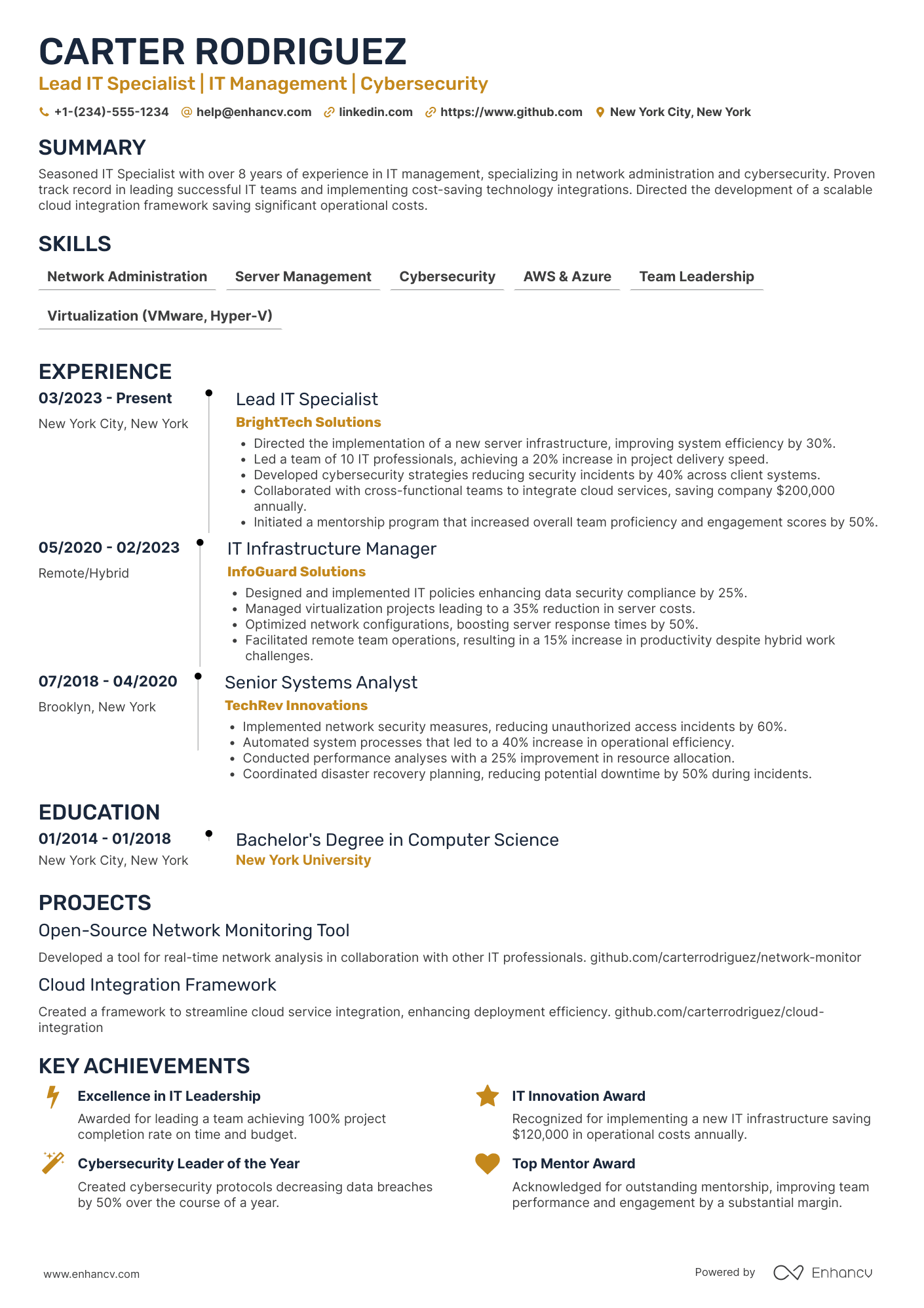 A resume example of a Lead IT Specialist