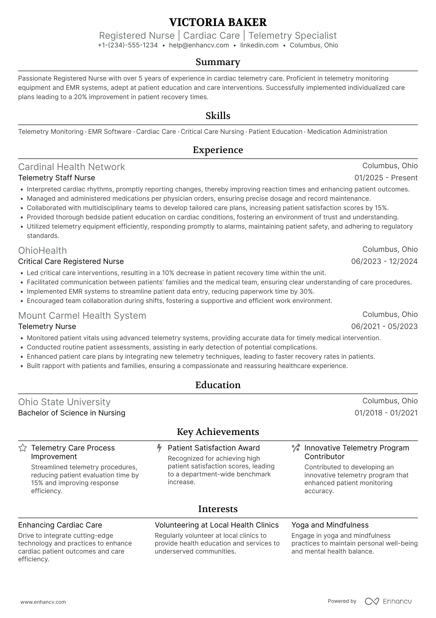 A resume example of a Telemetry Staff Nurse