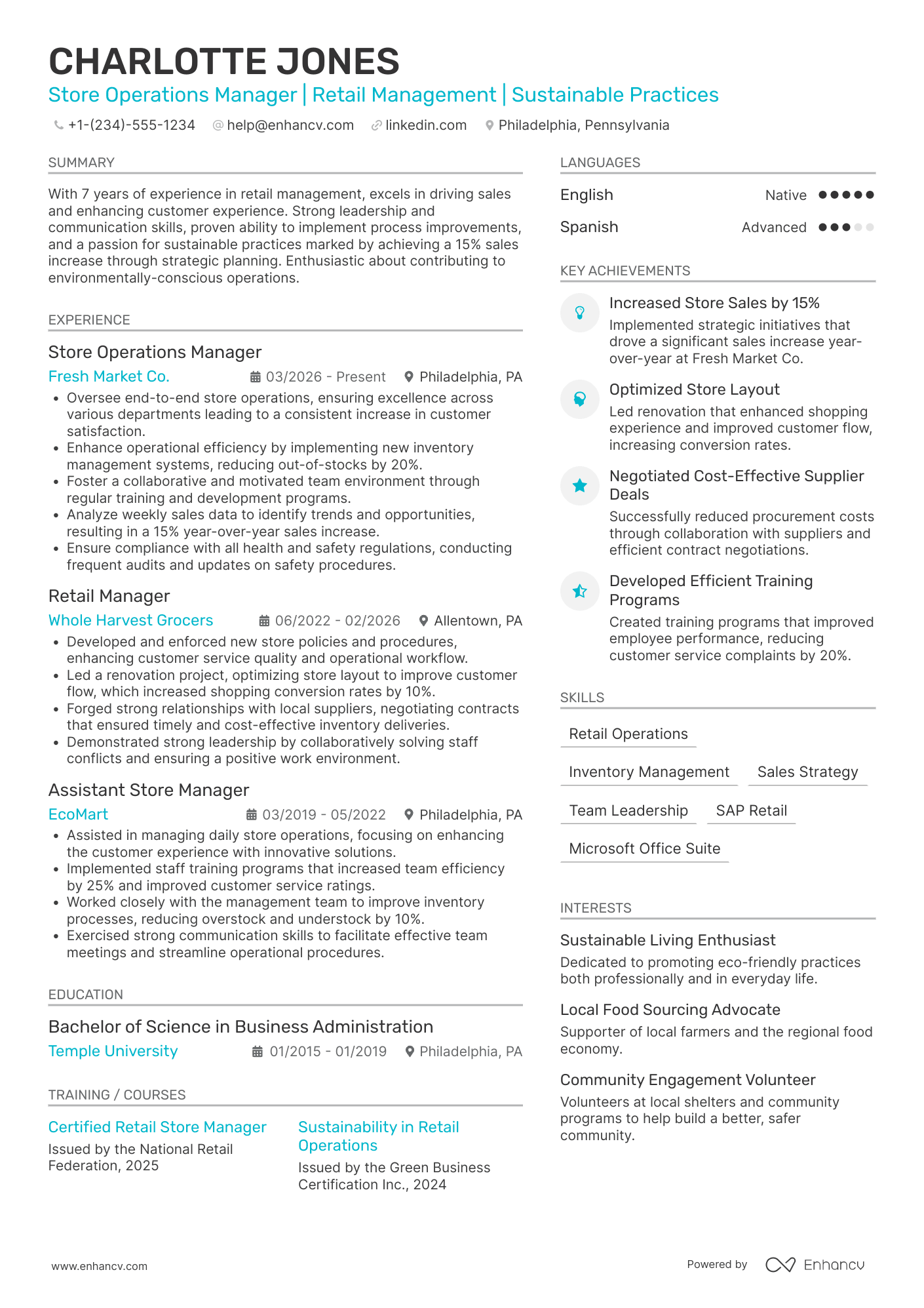 A resume example of a Store Operations Manager