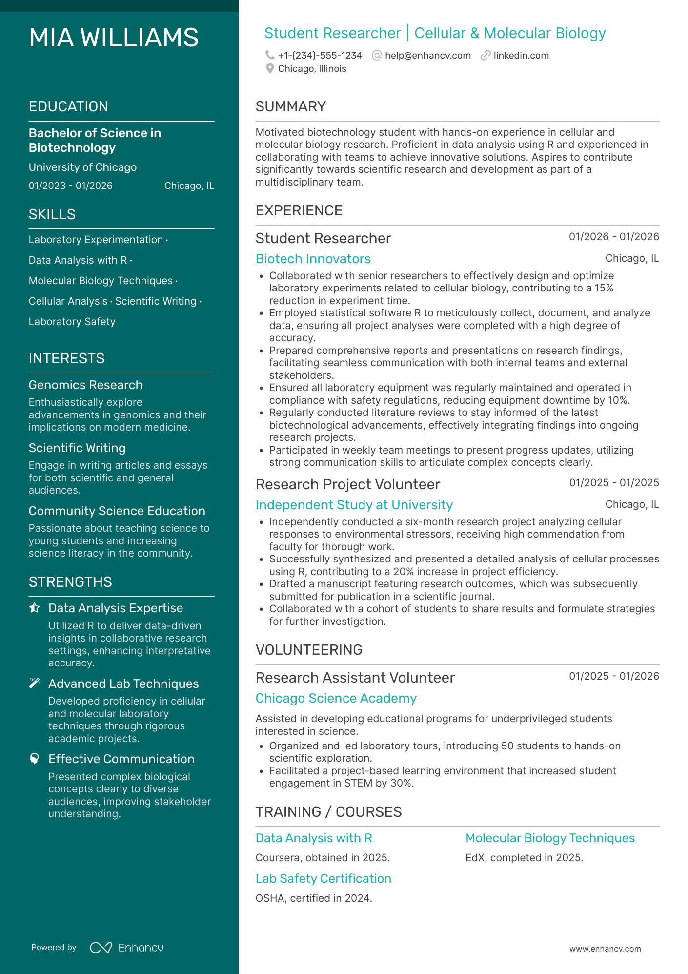 A resume example of a Student Researcher