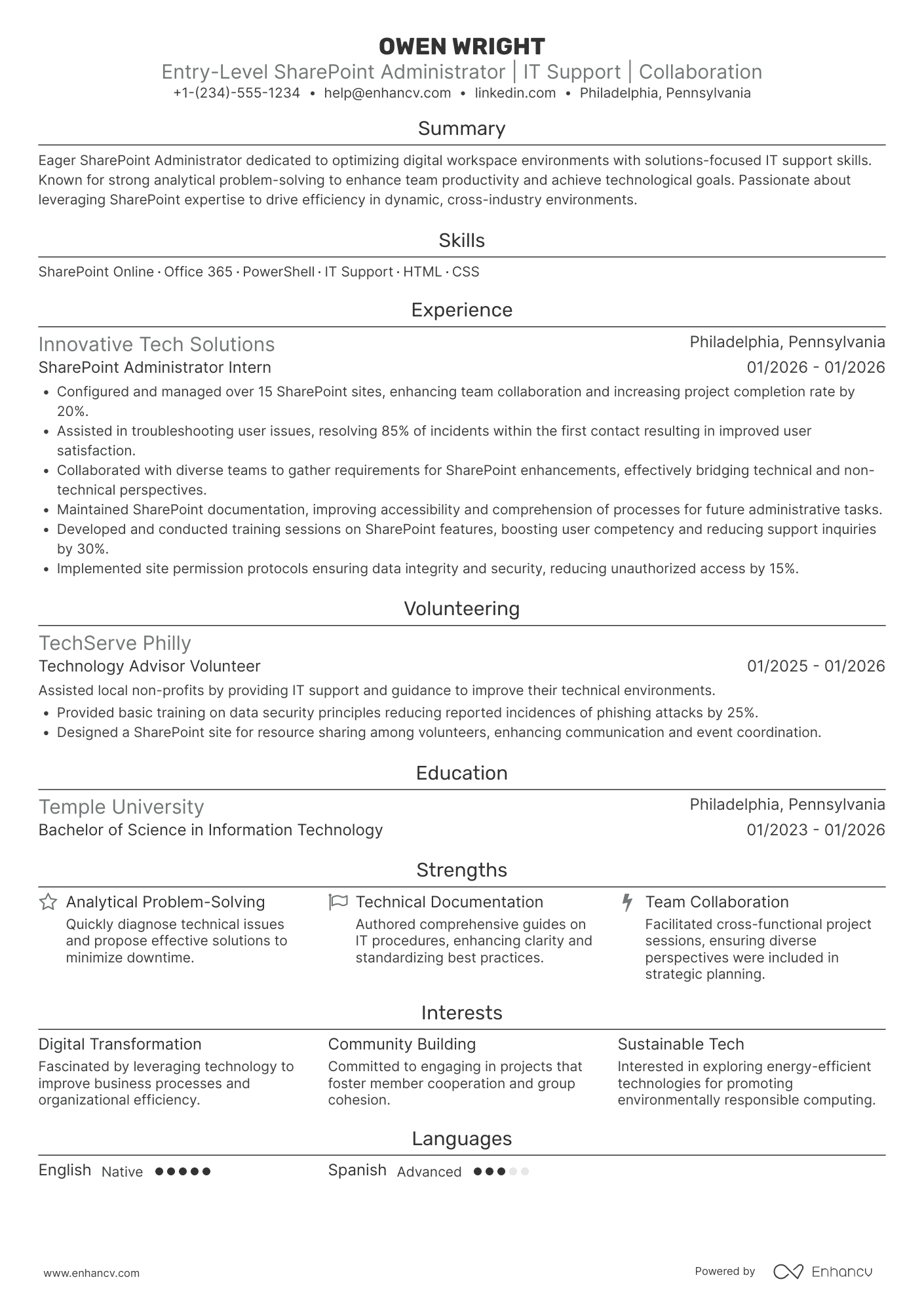 A resume example of a Entry Level SharePoint Administrator