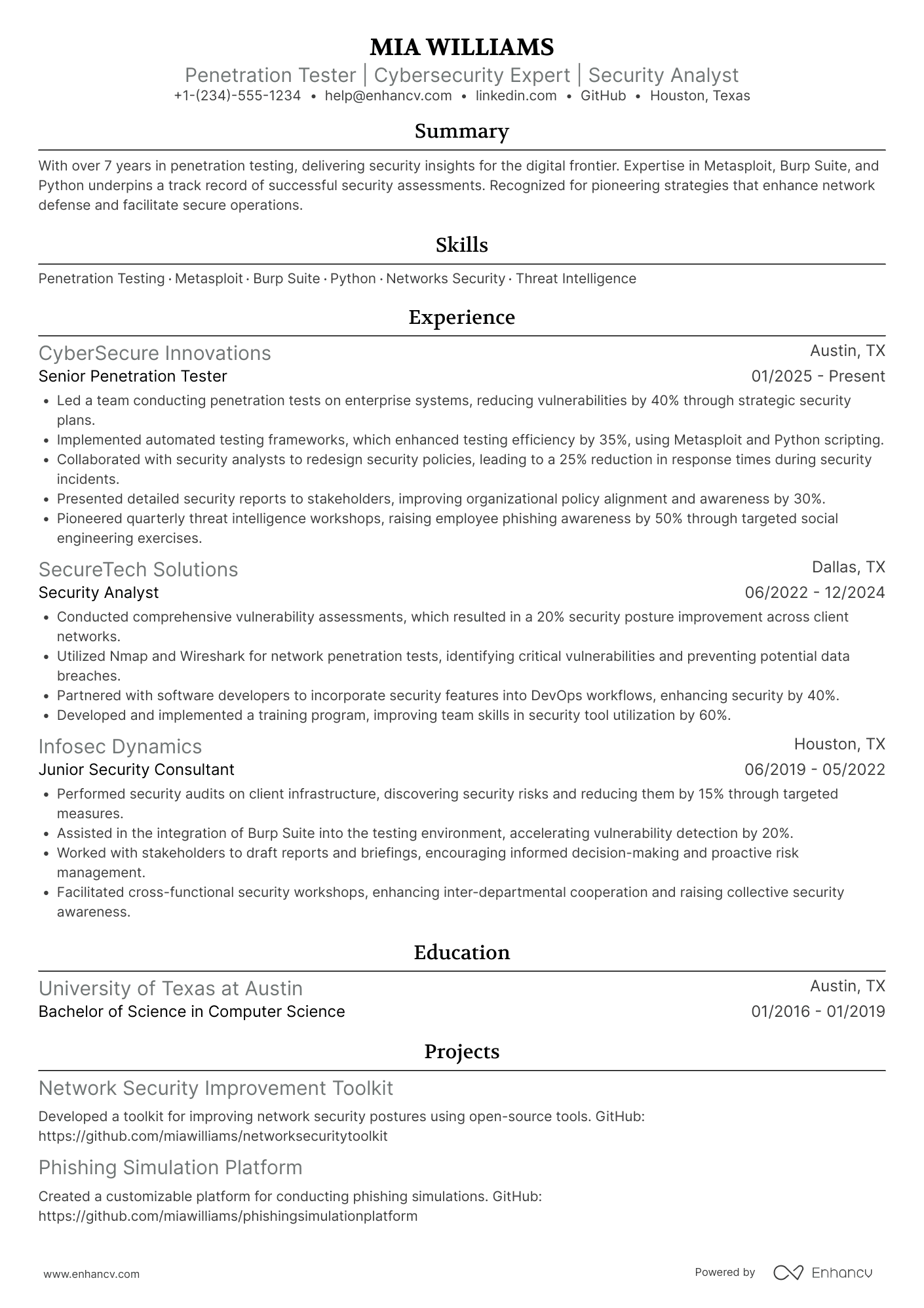A resume example of a Penetration Tester
