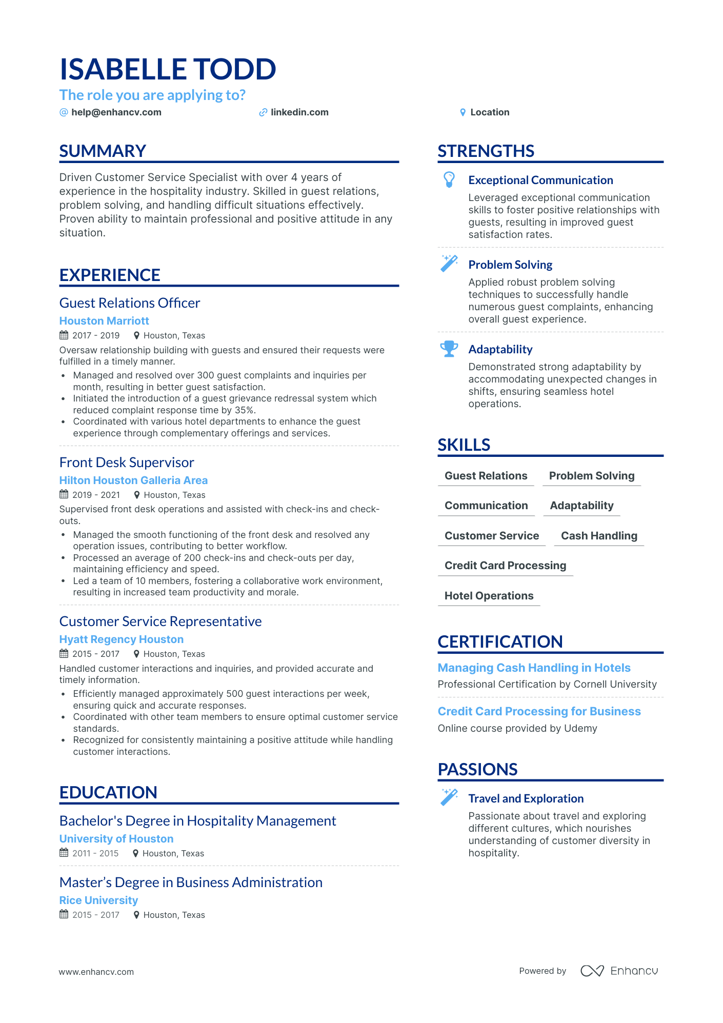 front desk position resume