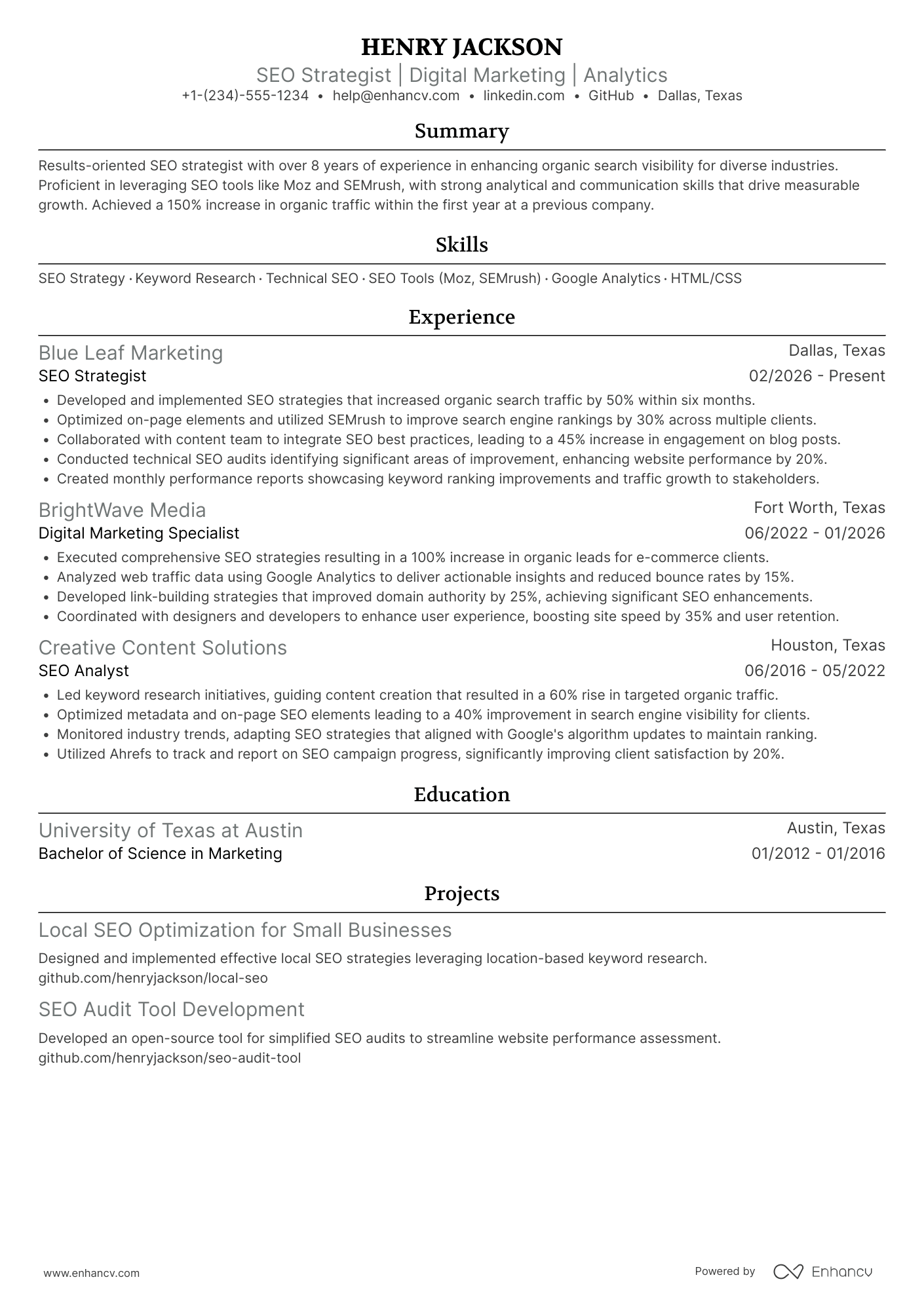 A resume example of a Google SEO Expert