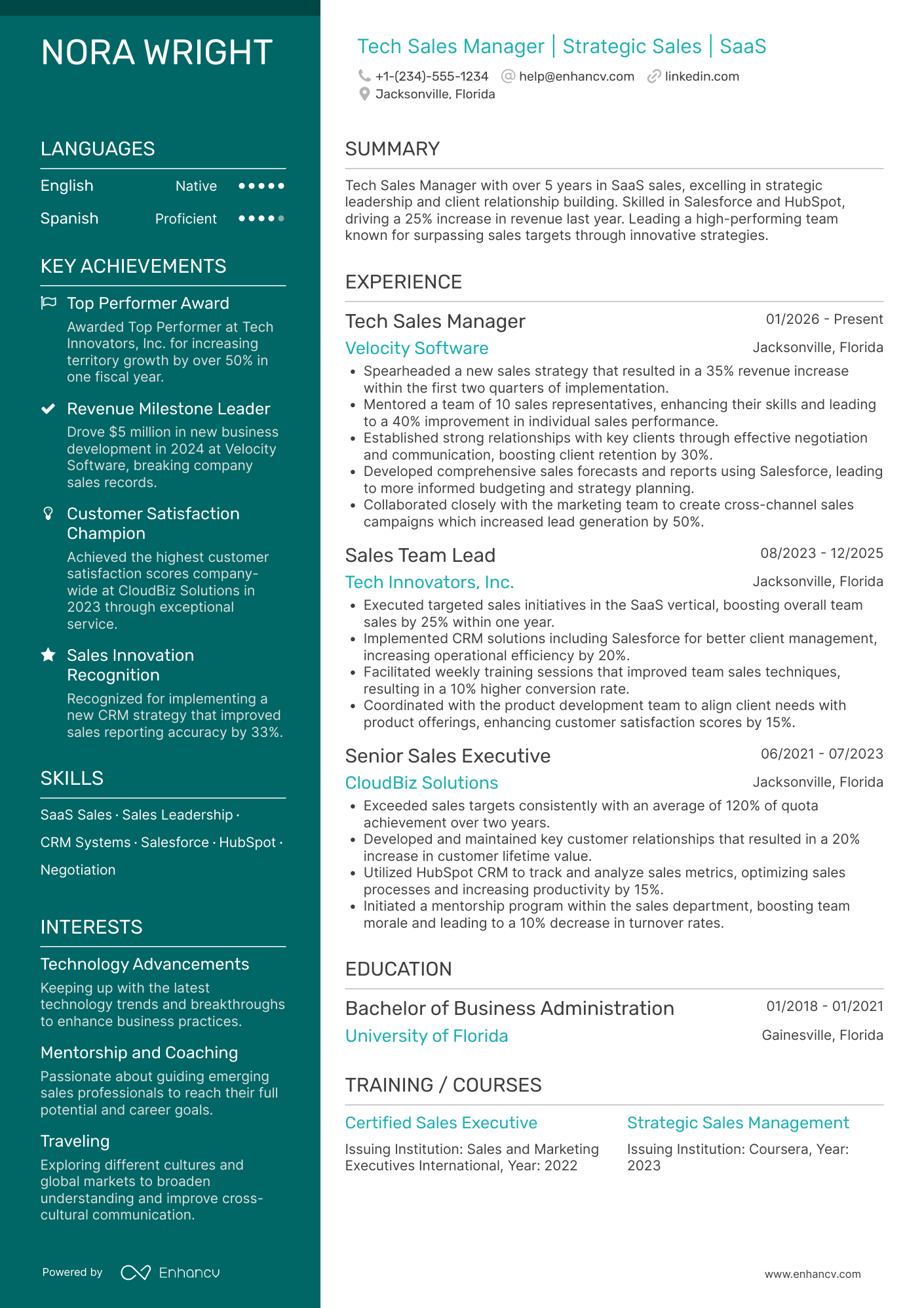 A resume example of a Tech Sales Manager