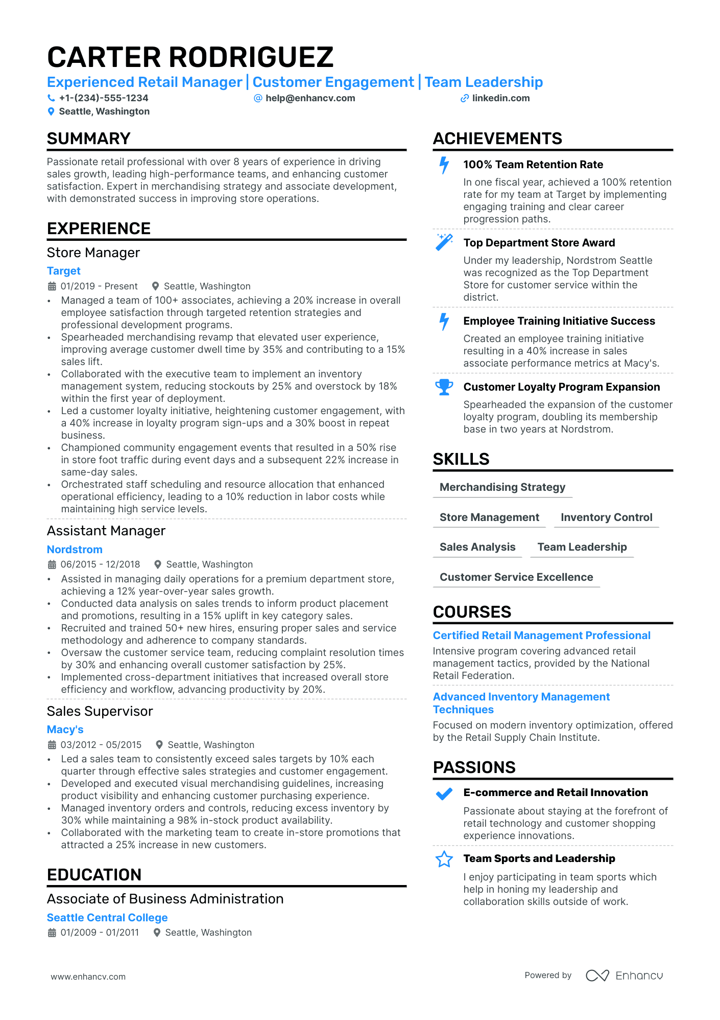 resume examples for store manager