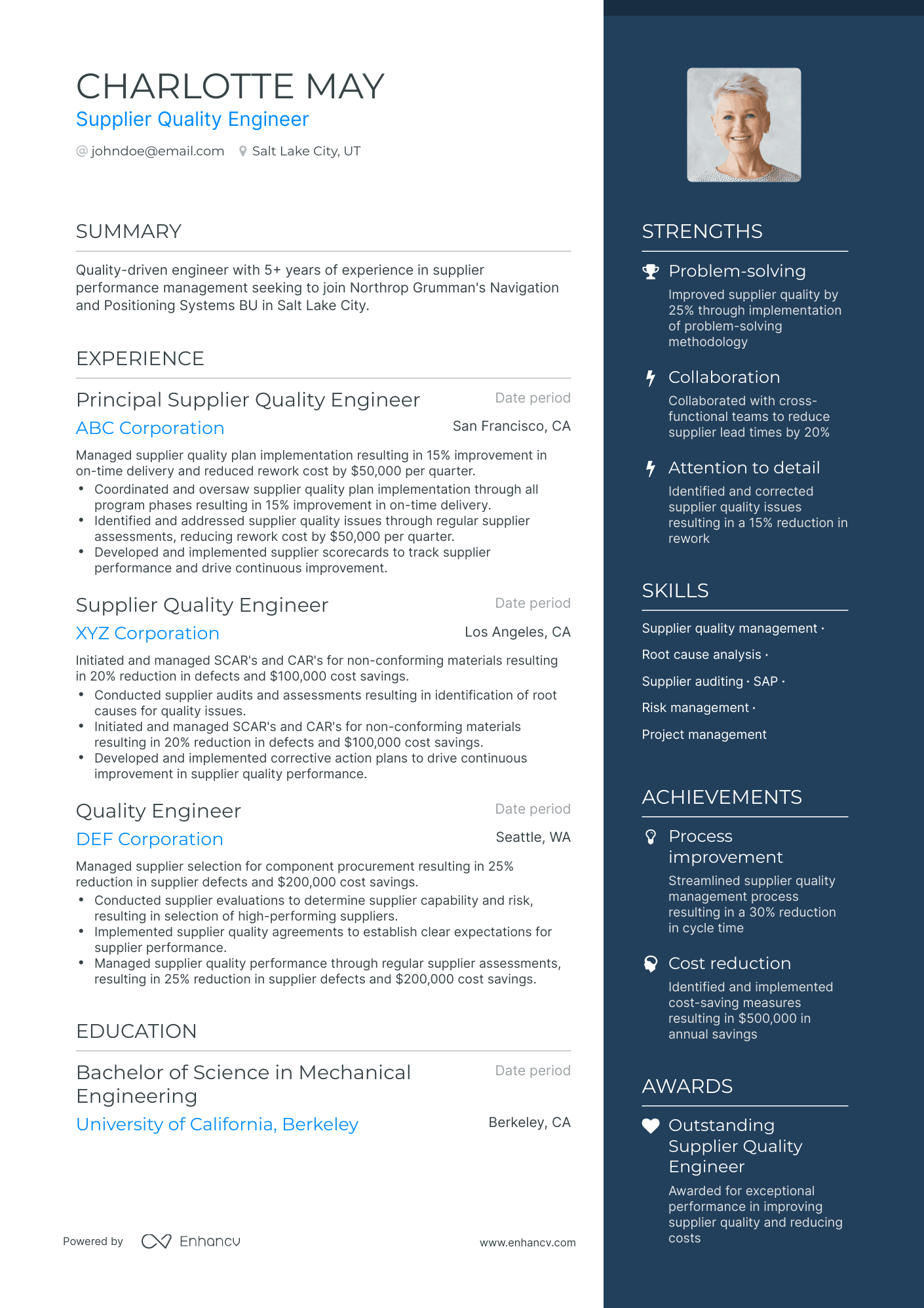 One Page Supplier Quality Engineer Resume Template