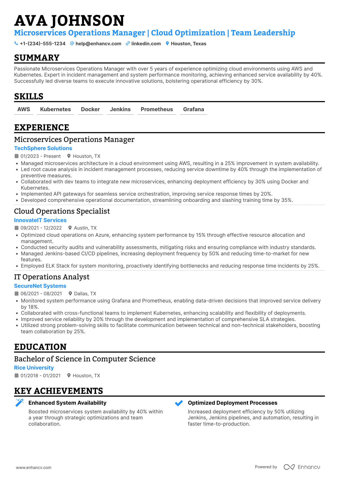 A resume example of a Microservices Operations Manager